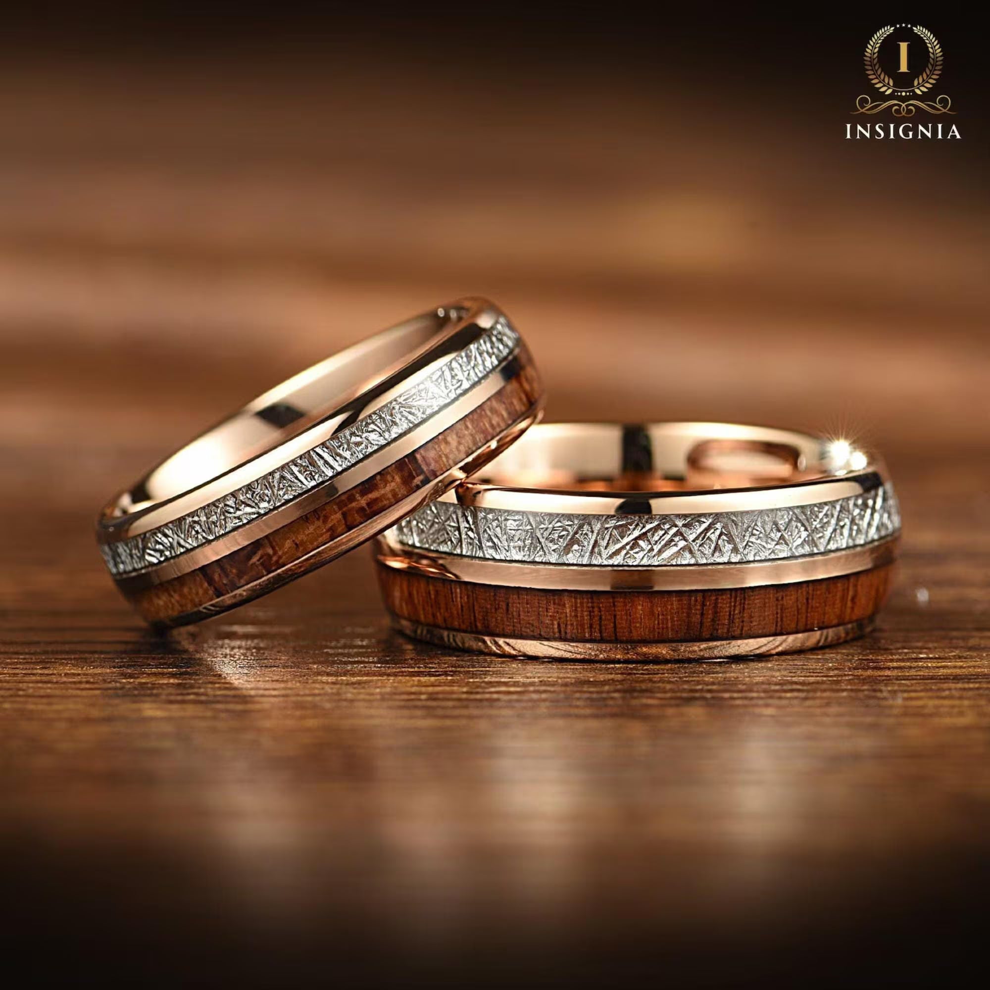 His and Hers Meteorite & Koa Wood Inlays Tungsten Wedding Band Set - Wooden Couple Rings - Male/Female Dome Ring Comfort Fit - 6/8mm - INSIGNIA