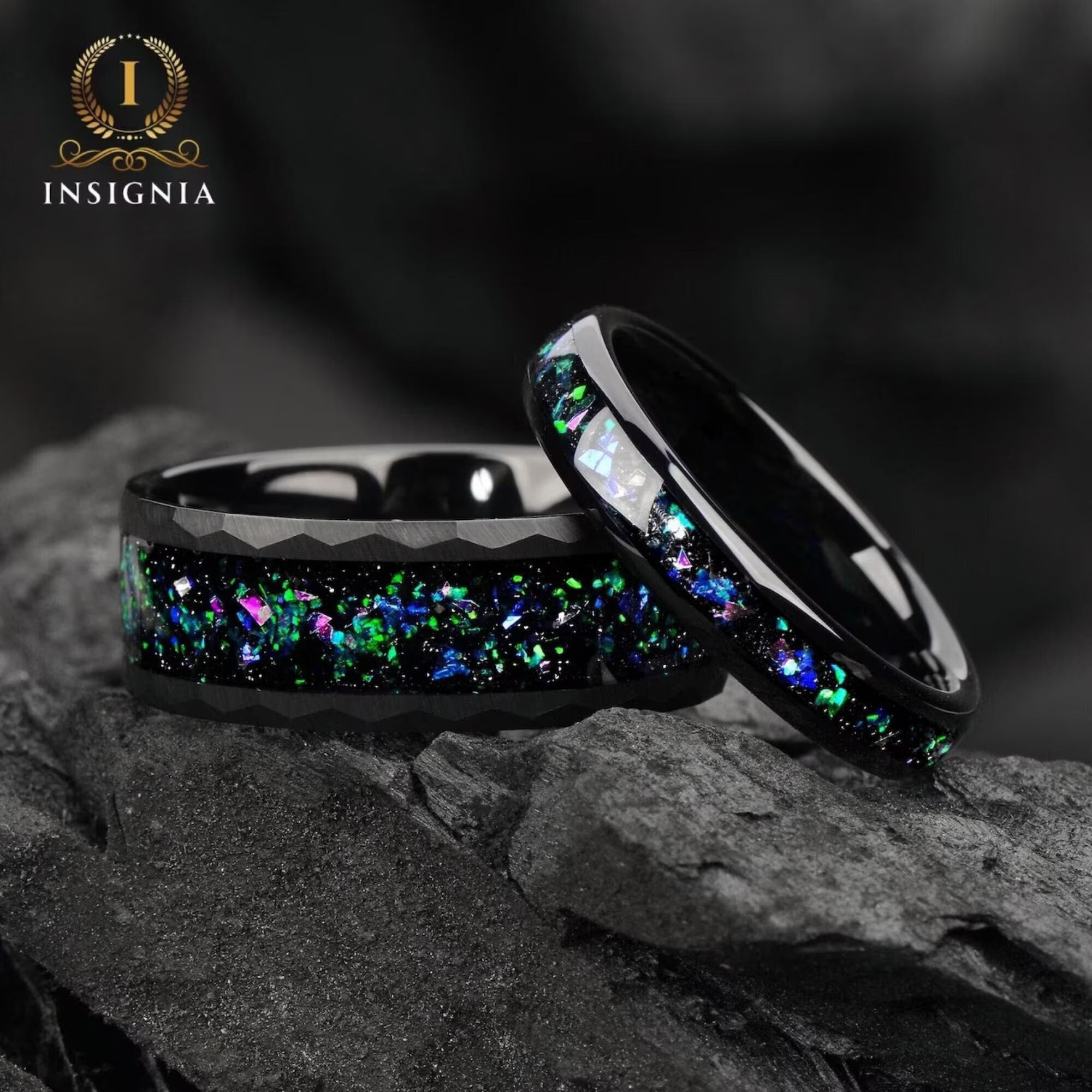 Galaxy & Opal Wedding Ring Set His and Hers Black - Hammered Alexandrite Promise Rings - 4/8 mm - Space Couples Rings - Opal Wedding Band - INSIGNIA