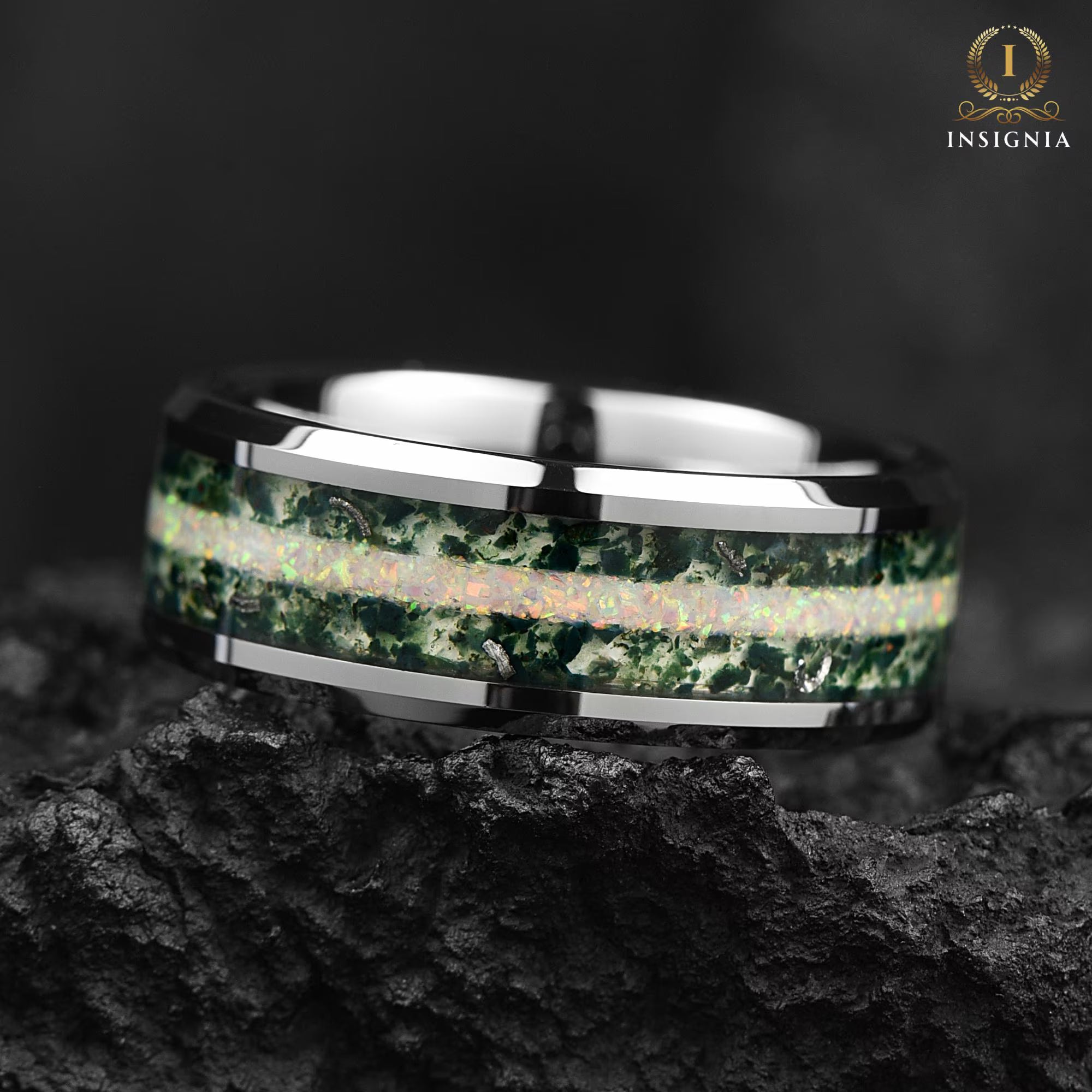 Moss Agate Meteorite & White Fire Opal Ring 8mm Silver - Tungsten Mens Wedding Band Unique - Nature Inspired Promise/Engagement Ring for Him - INSIGNIA