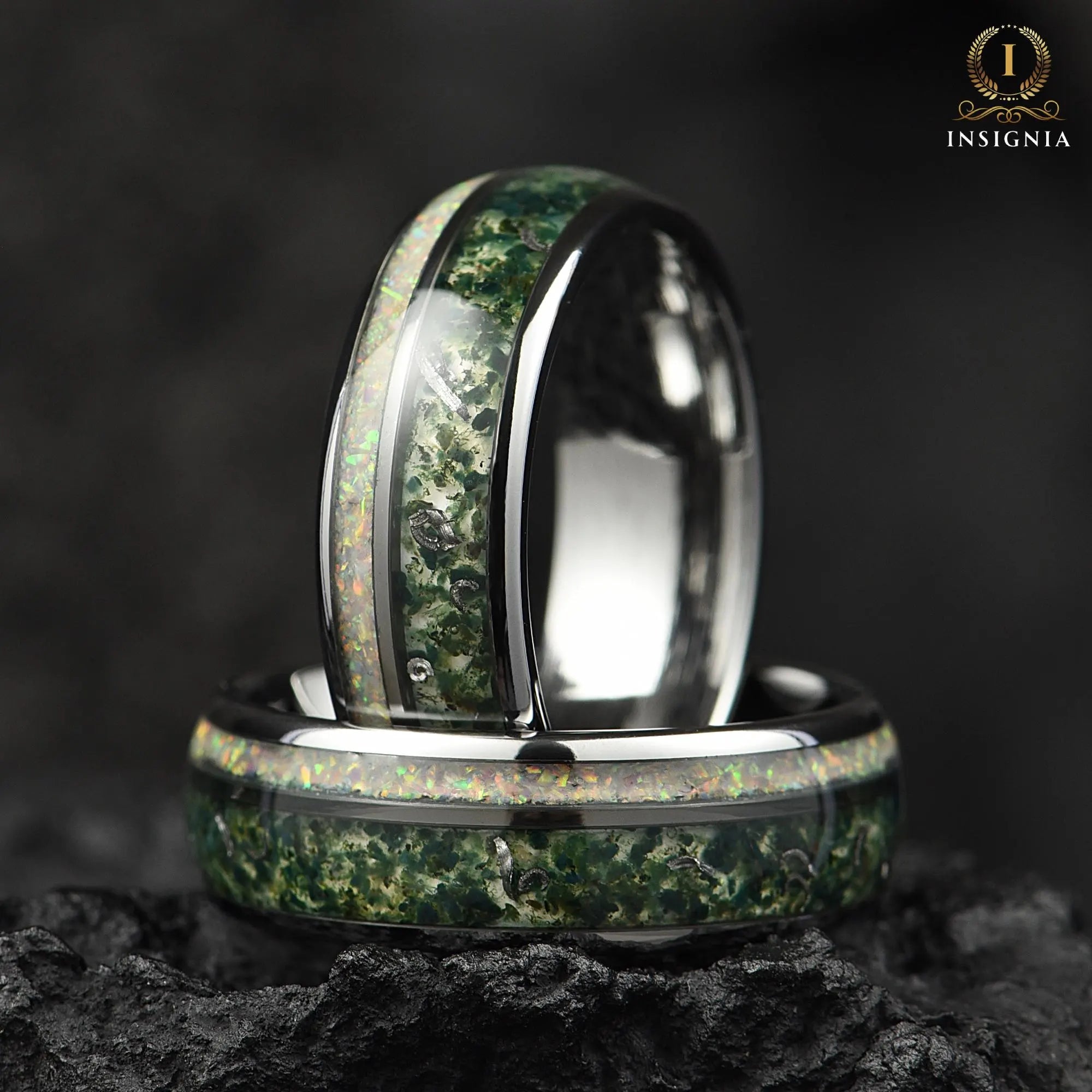 Moss Agate Meteorite & White Fire Opal Ring 8/6 mm Silver - Tungsten Mens Wedding Band Unique - Nature Inspired Promise/Engagement Ring for Him - INSIGNIA