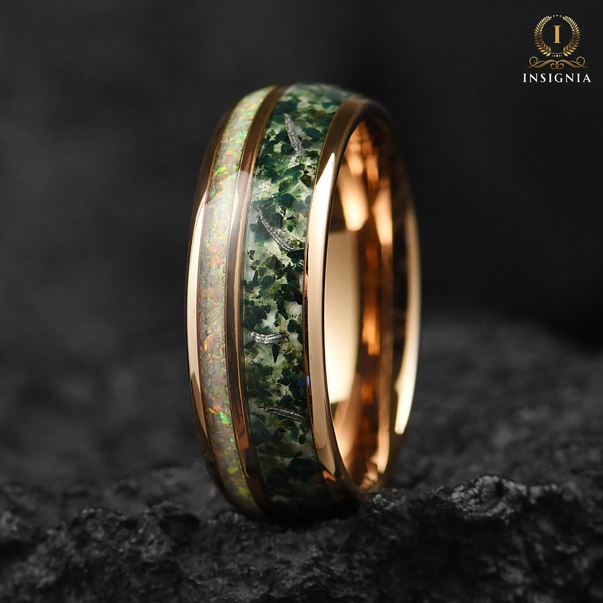 Moss Agate Meteorite & White Fire Opal Ring 8mm/6mm  Rose Gold - Tungsten Mens Wedding Band Unique - Promise/Engagement Ring for Him -Nature ring - INSIGNIA