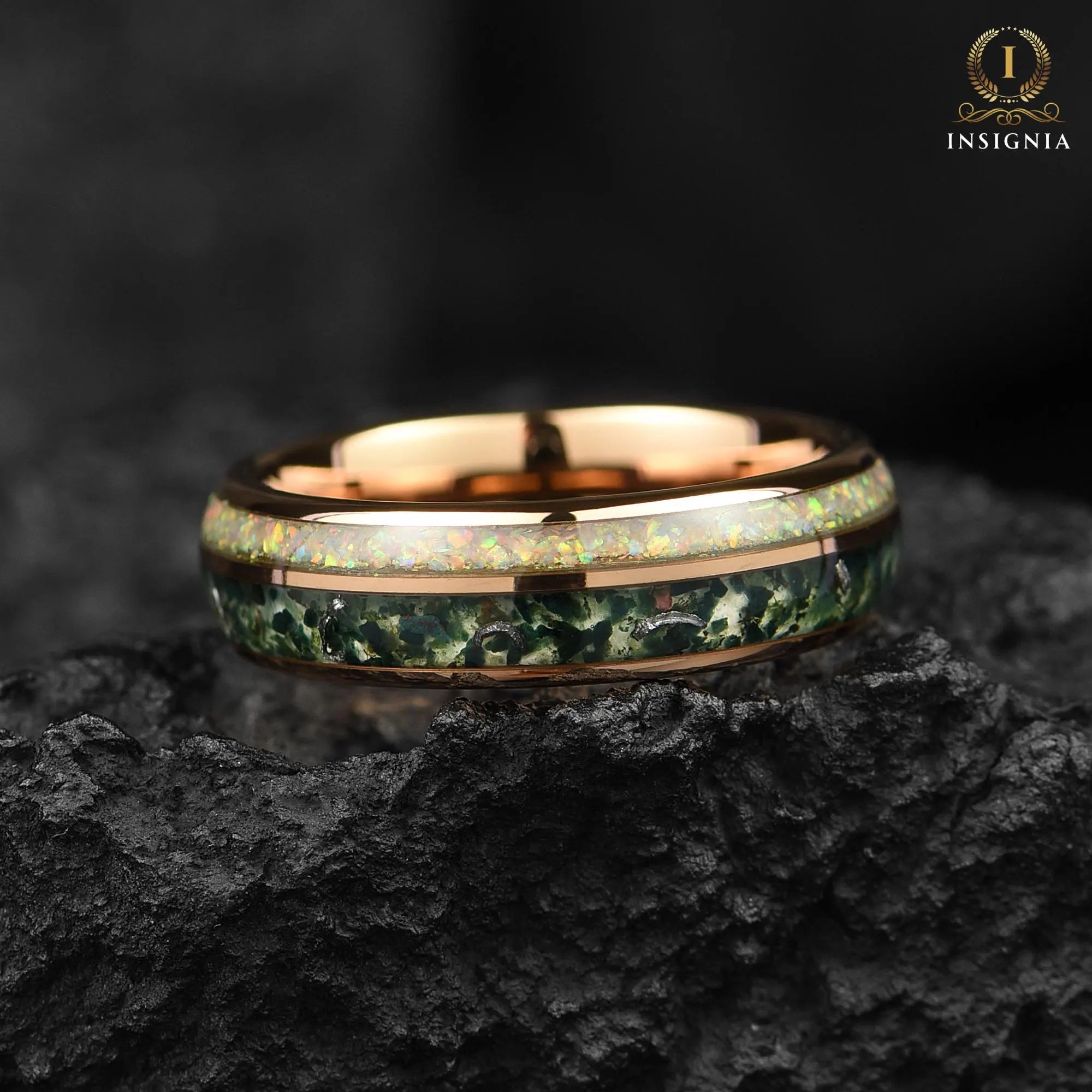 Moss Agate Meteorite & White Fire Opal Ring 6mm Rose Gold - Tungsten Women/Mens Wedding Band Unique - Nature Inspired Promise Ring for Him - INSIGNIA