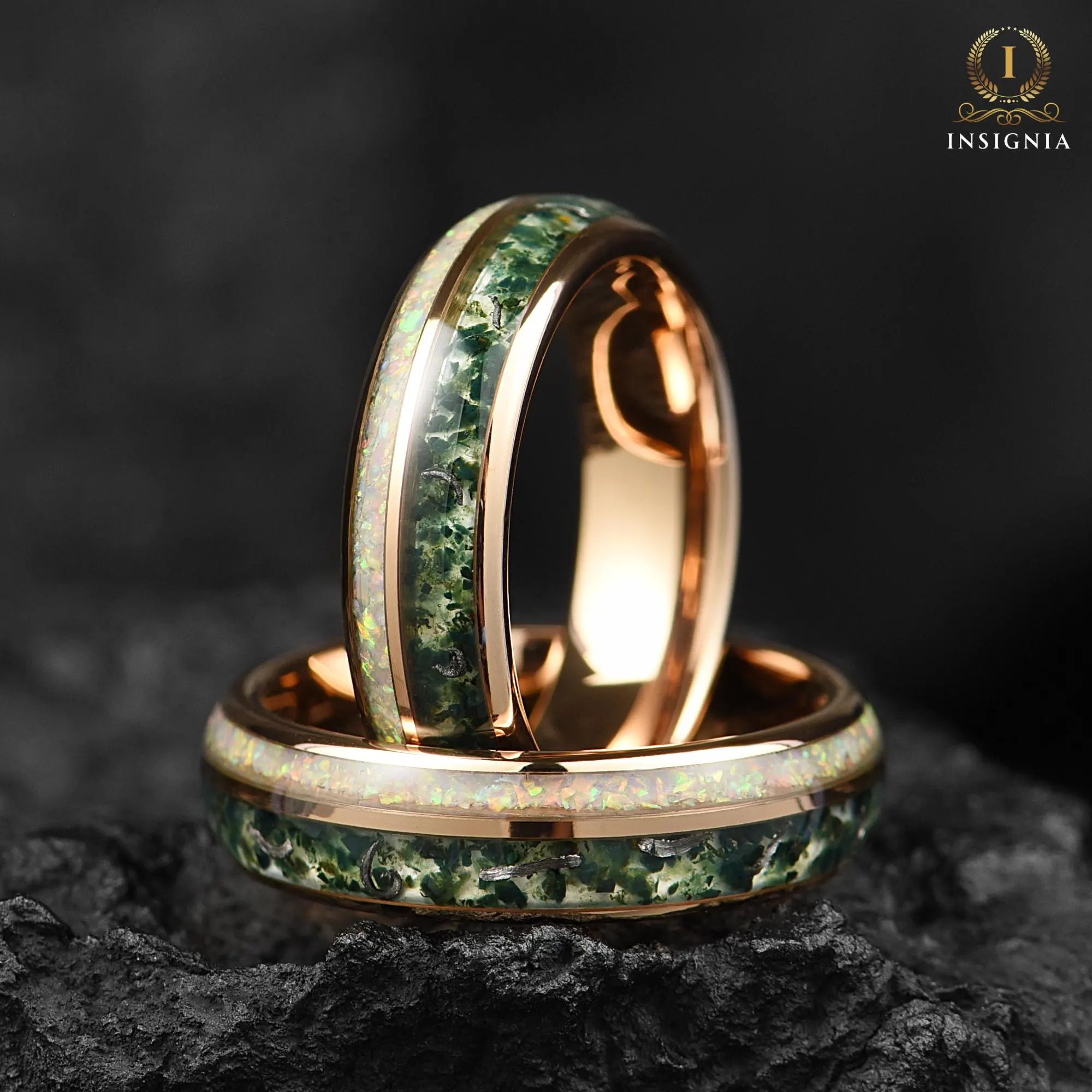 Moss Agate Meteorite & White Fire Opal Ring 6mm Rose Gold - Tungsten Women/Mens Wedding Band Unique - Nature Inspired Promise Ring for Him - INSIGNIA