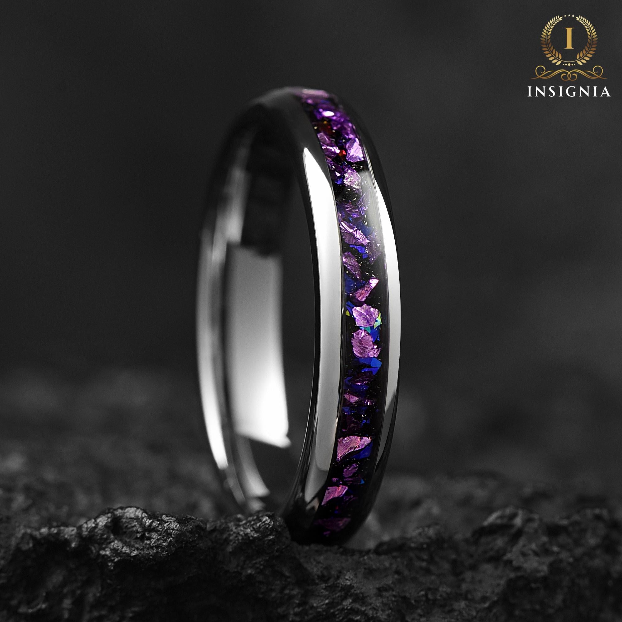 Alexandrite Nebula Dome Ring 4mm -Unique Tungsten Women Wedding Band Silver  - Birthday/ Anniversary gift - Engagement/ Promise Ring for Her - INSIGNIA