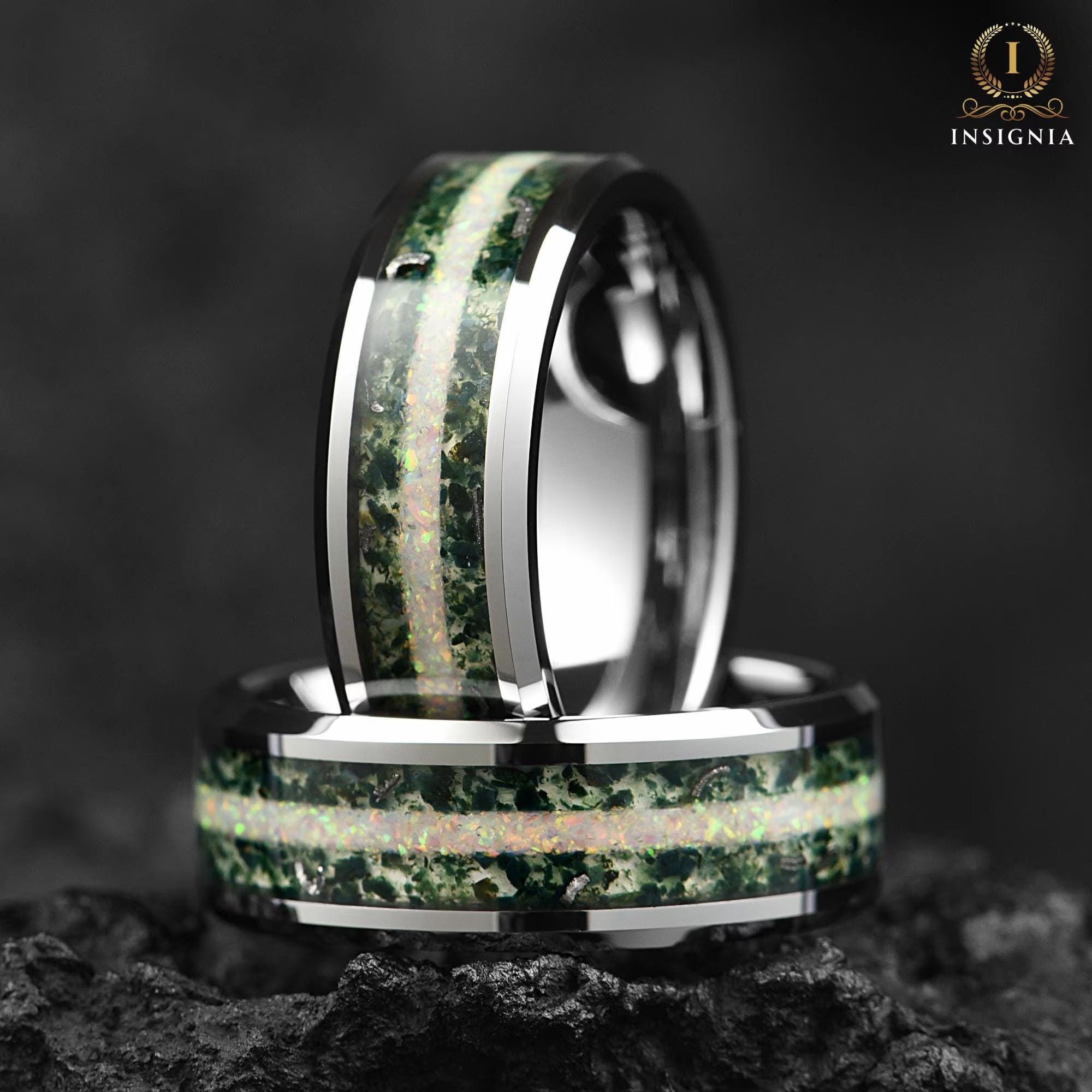 Moss Agate Meteorite & White Fire Opal Ring 8mm Silver - Tungsten Mens Wedding Band Unique - Nature Inspired Promise/Engagement Ring for Him - INSIGNIA