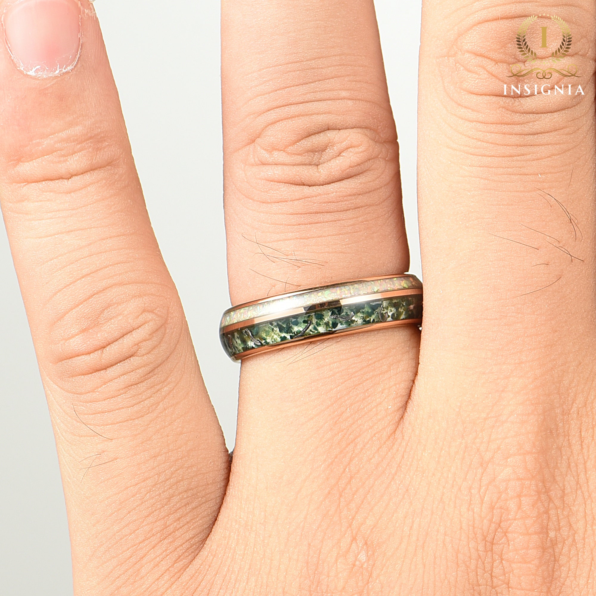 Moss Agate Meteorite & White Fire Opal Ring 8mm/6mm  Rose Gold - Tungsten Mens Wedding Band Unique - Promise/Engagement Ring for Him -Nature ring - INSIGNIA