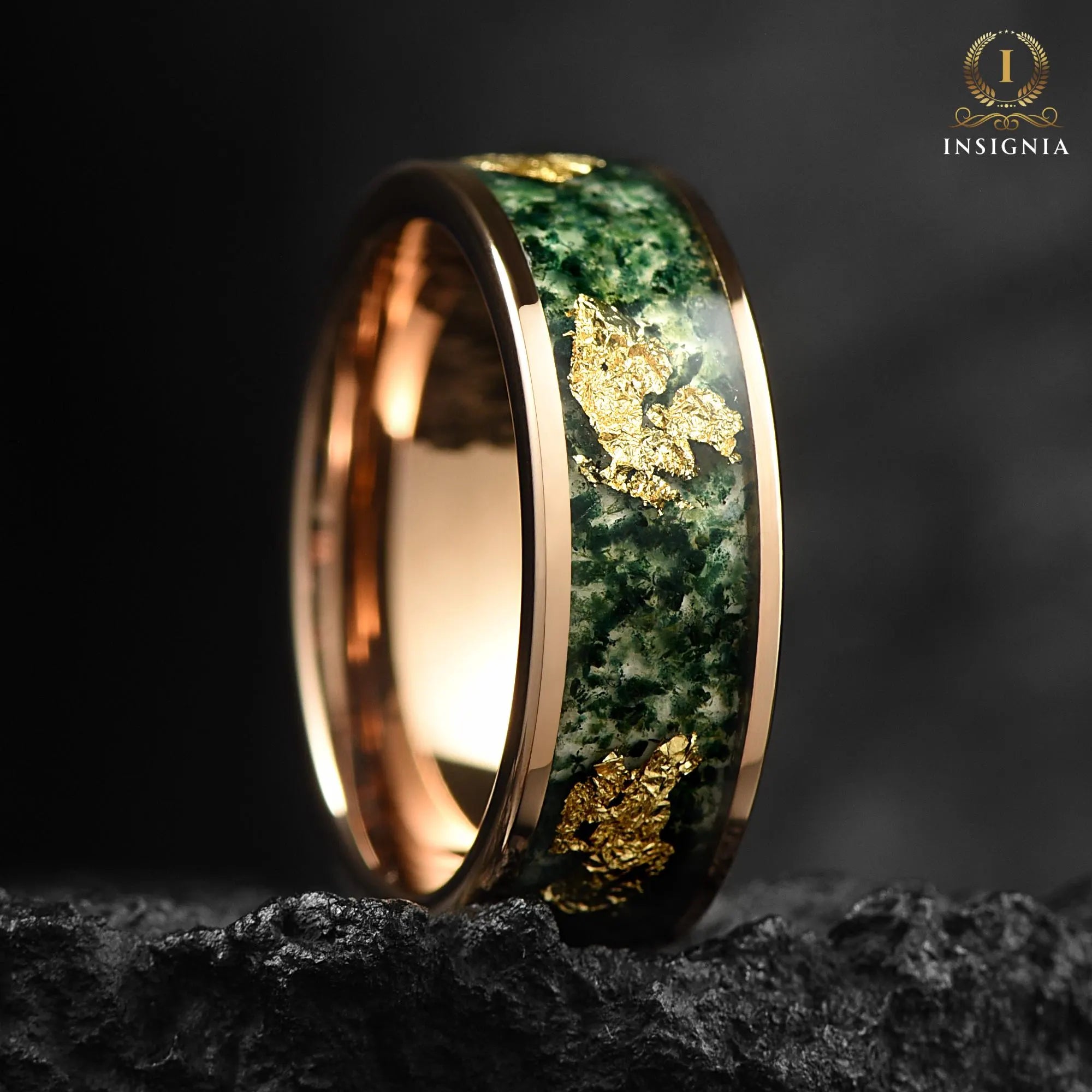 Moss Agate & Gold Leaf Ring Rose Gold 8mm  - Tungsten Mens Wedding Band Unique - Promise/ Engagement Ring for Him, Nature / Forest Ring - INSIGNIA