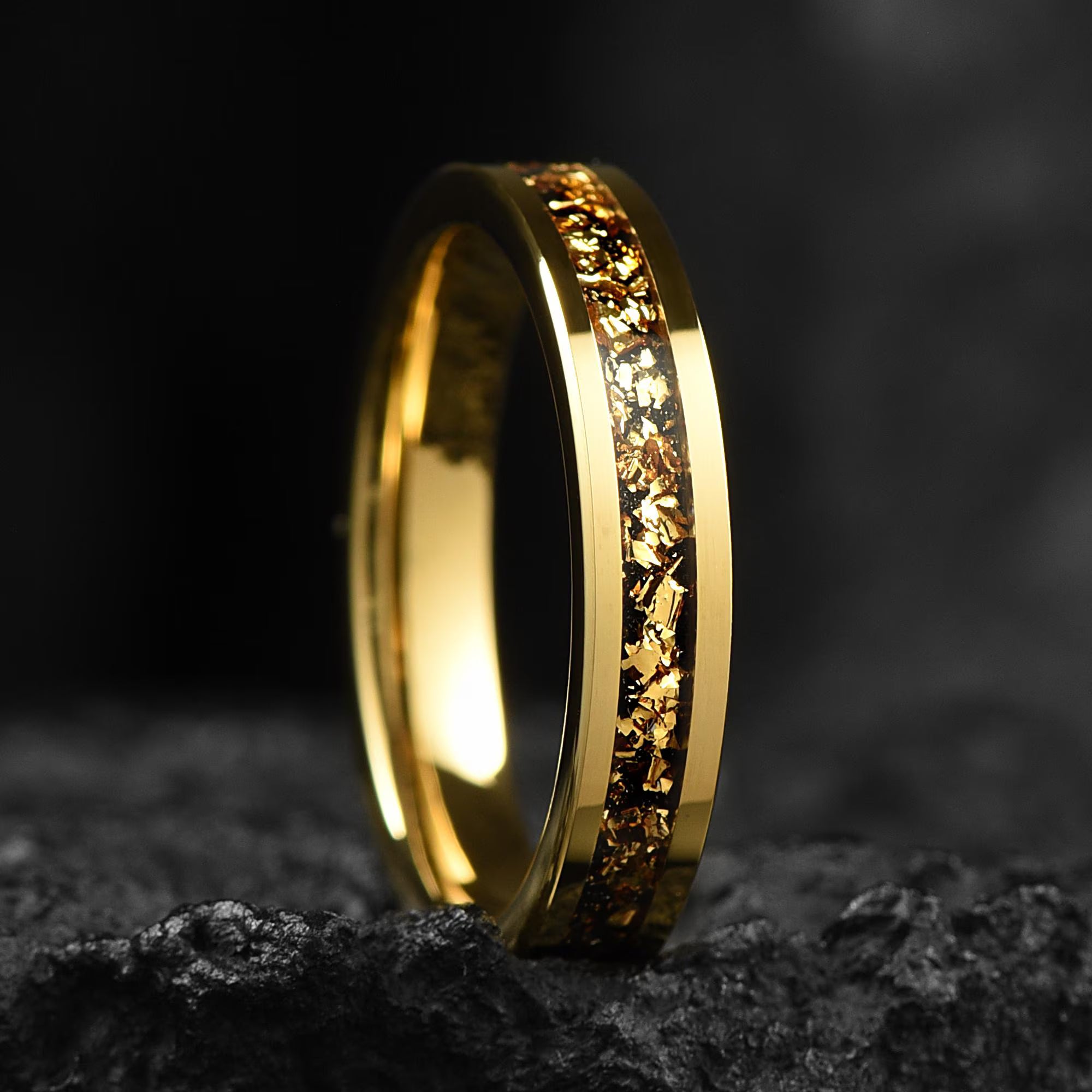 Crushed Gold Leaf Ring, Gold Tungsten Ring, Mens Wedding Band, Womens Ring, Anniversary Ring, Engagement Ring, Statement Ring, 4mm - INSIGNIA