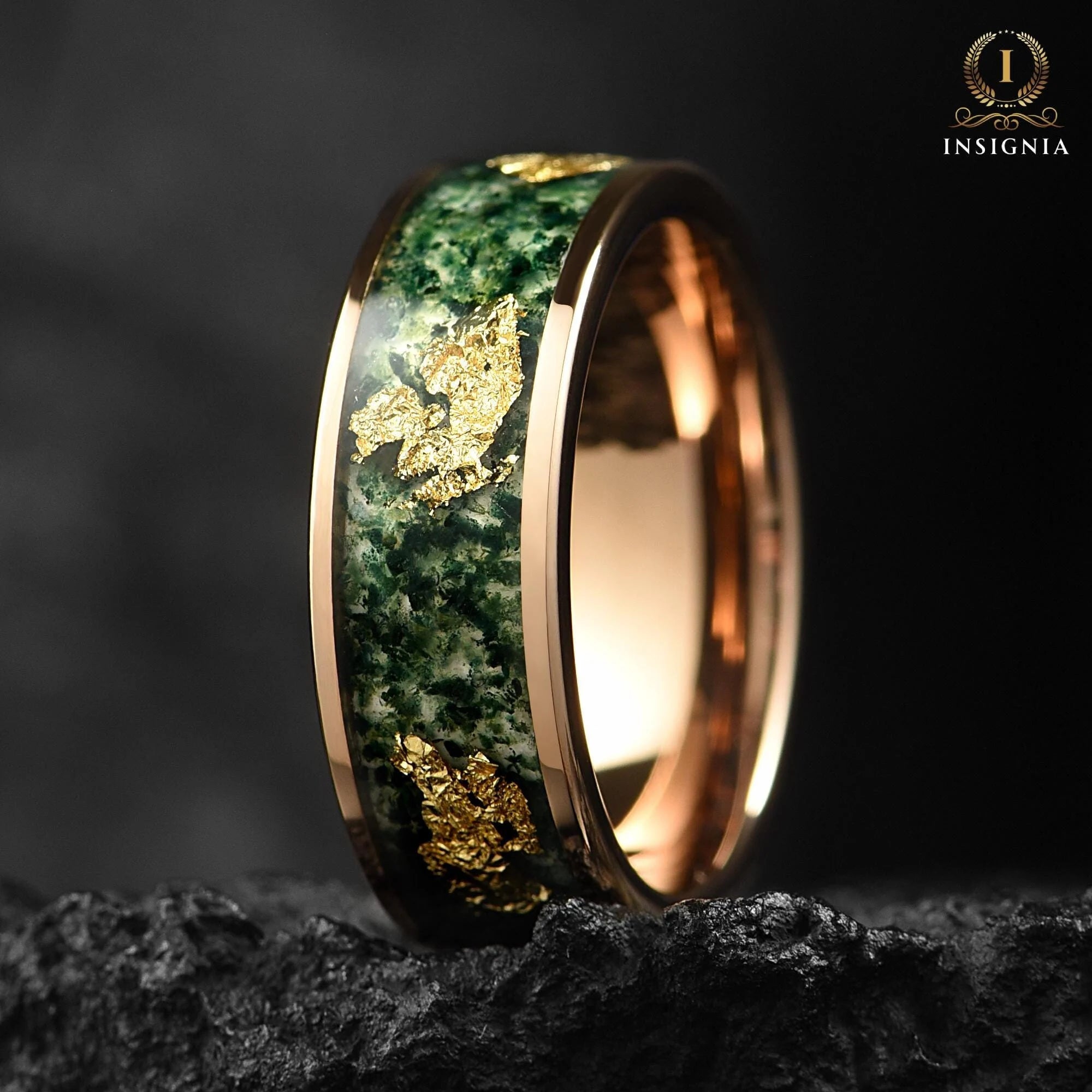 Moss Agate & Gold Leaf Ring Rose Gold 8mm  - Tungsten Mens Wedding Band Unique - Promise/ Engagement Ring for Him, Nature / Forest Ring - INSIGNIA