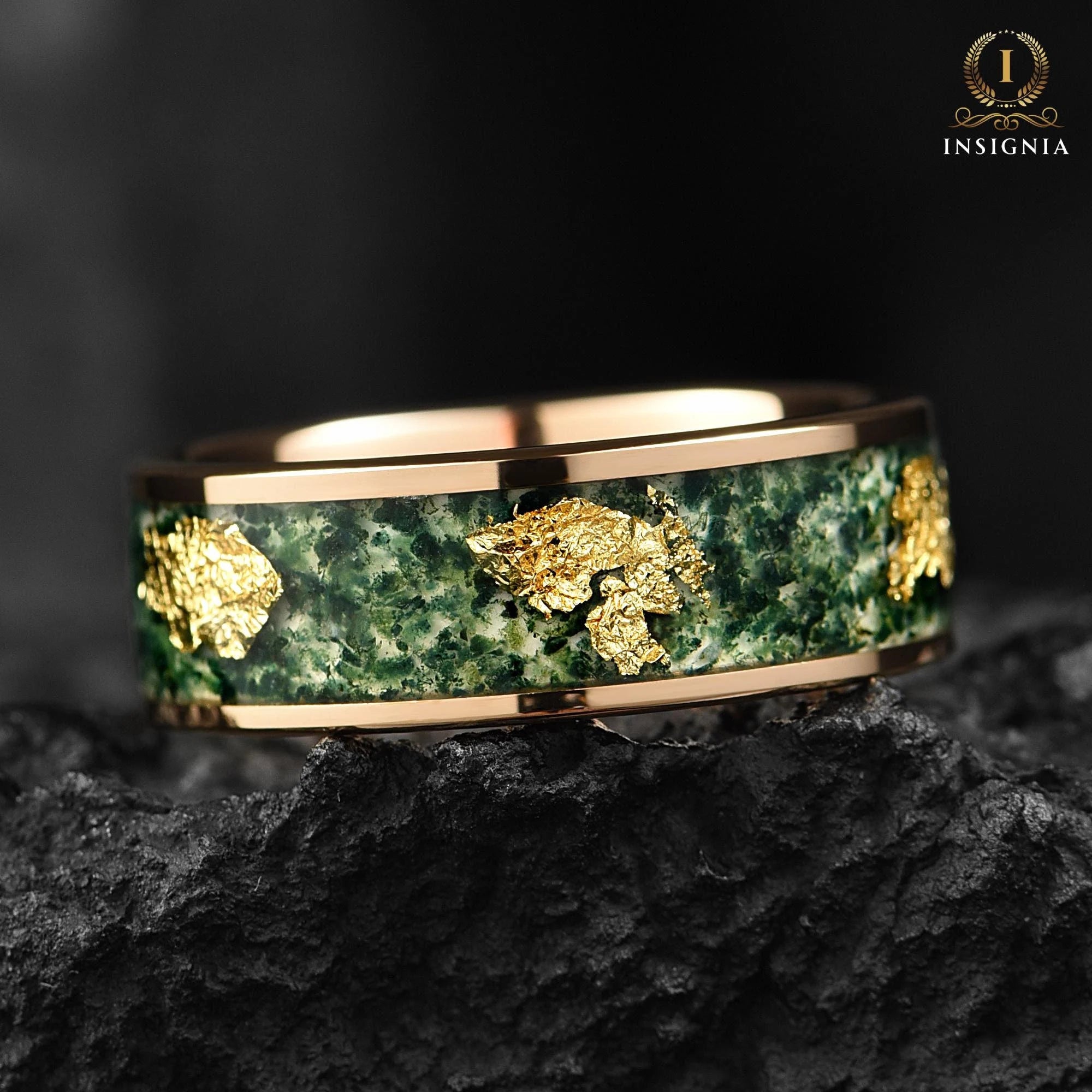 Moss Agate & Gold Leaf Ring Rose Gold 8mm  - Tungsten Mens Wedding Band Unique - Promise/ Engagement Ring for Him, Nature / Forest Ring - INSIGNIA