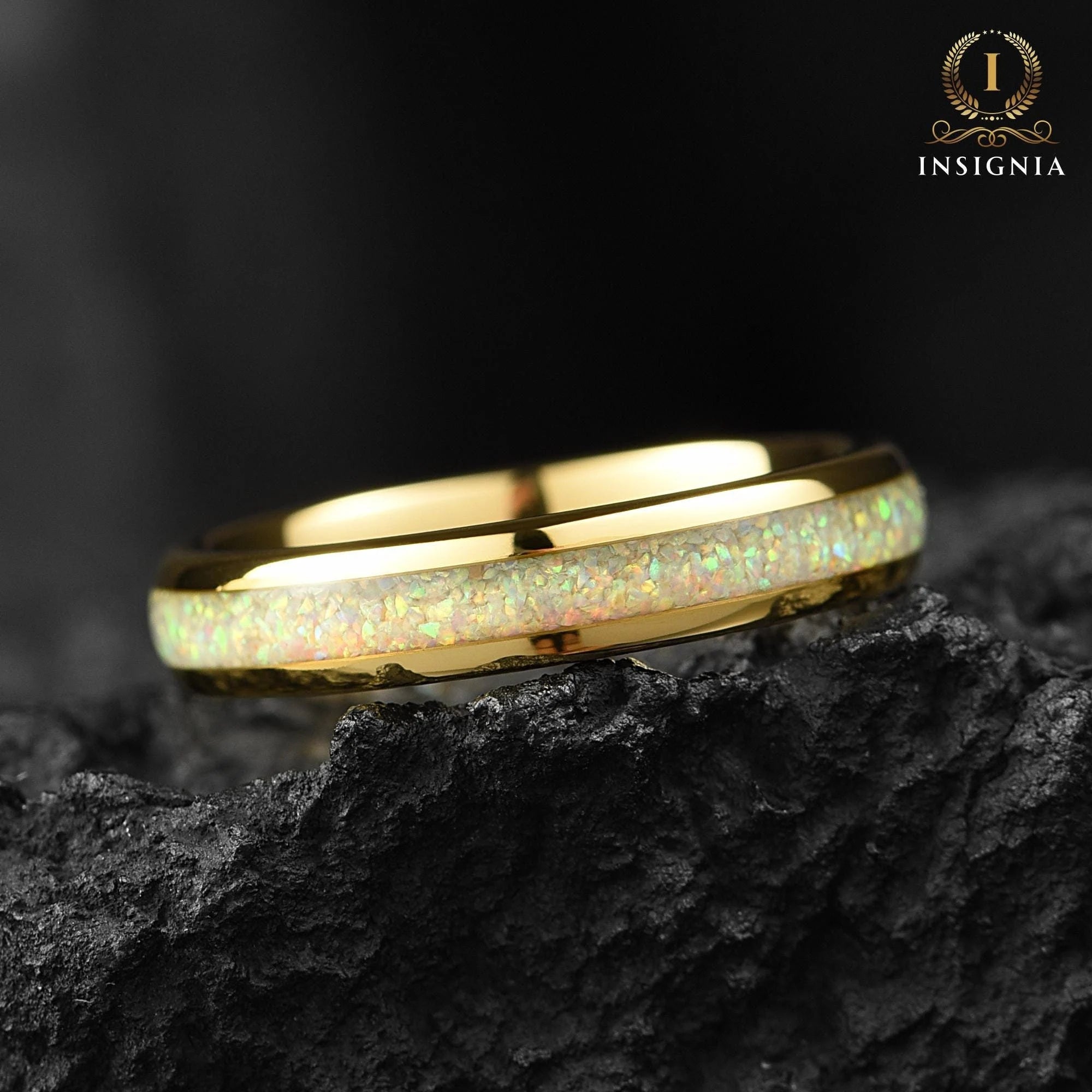 Gold Fire Opal Ring for Women 4mm - White Fire Opal and Tungsten Dome Wedding Band - Opal Engagement / Promise Ring For Her -Anniversary gift - INSIGNIA