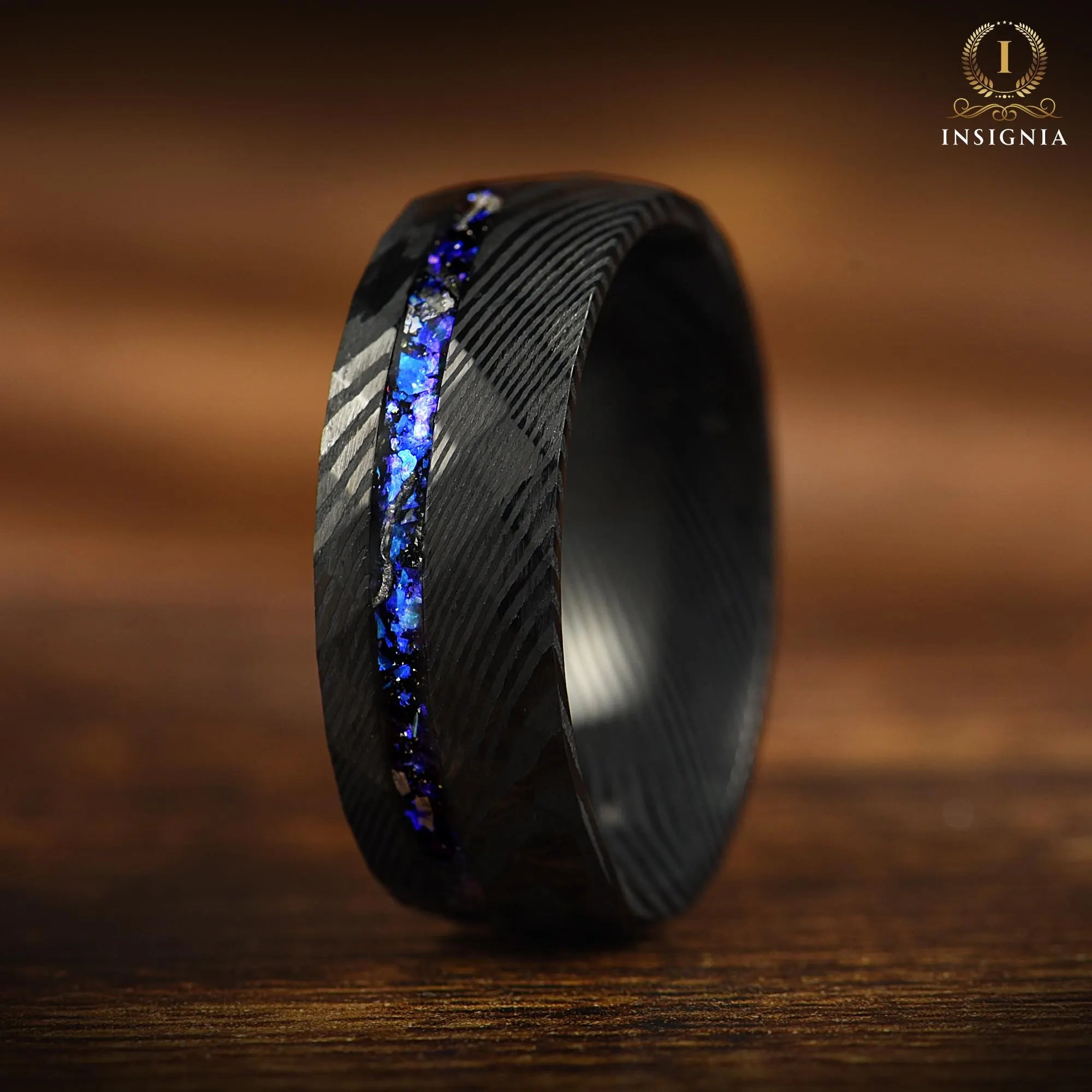 Meteorite & Nebula Damasus Ring - Hammered Mens Wedding Band Unique - Engagement / Promise Ring for Him - Anniversary gift -  Engraved Ring - INSIGNIA