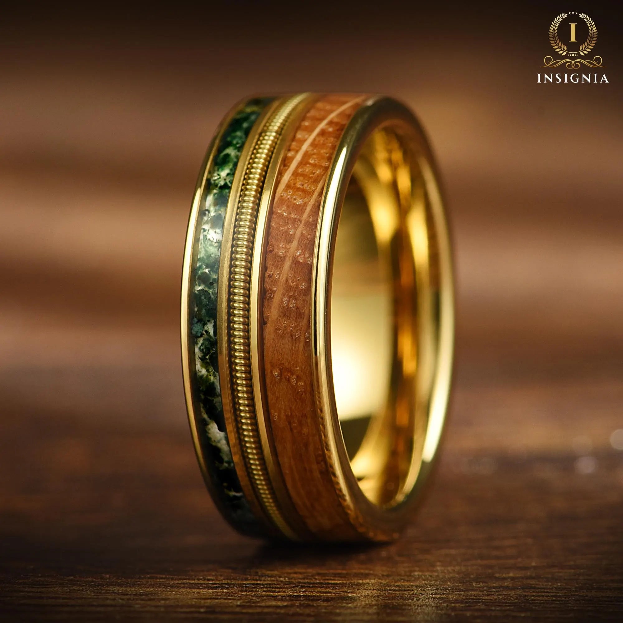 Moss Agate & Whisky Barrel Ring With Guitar String - Nature Inspired Two Tone Mens Wedding Band Unique -Tungsten Wooden Promise Ring for Him - INSIGNIA