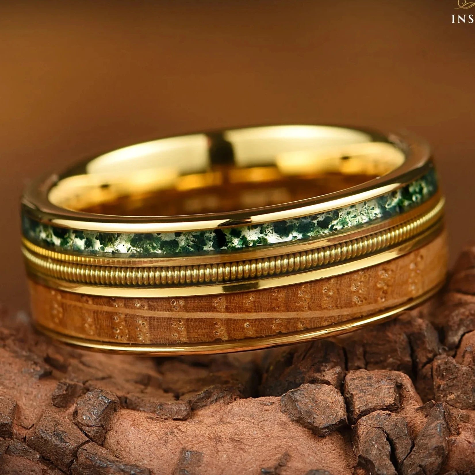 Moss Agate & Whisky Barrel Ring With Guitar String - Nature Inspired Two Tone Mens Wedding Band Unique -Tungsten Wooden Promise Ring for Him - INSIGNIA