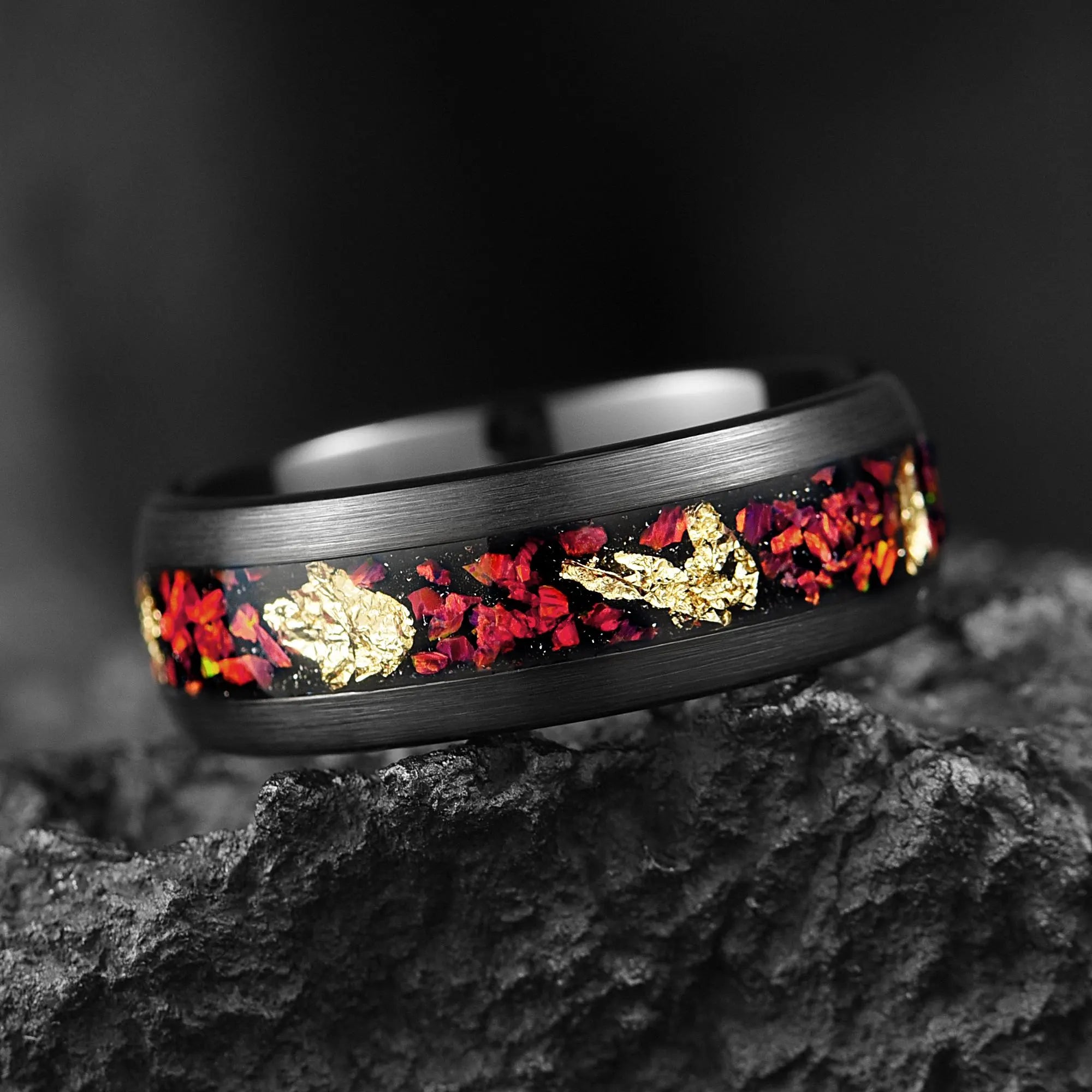 Red Fire Opal & Gold Leaf Dome Ring 8mm - Mens Unique Wedding Band - Engagement / Promise Ring For Him - Anniversary Gift - INSIGNIA