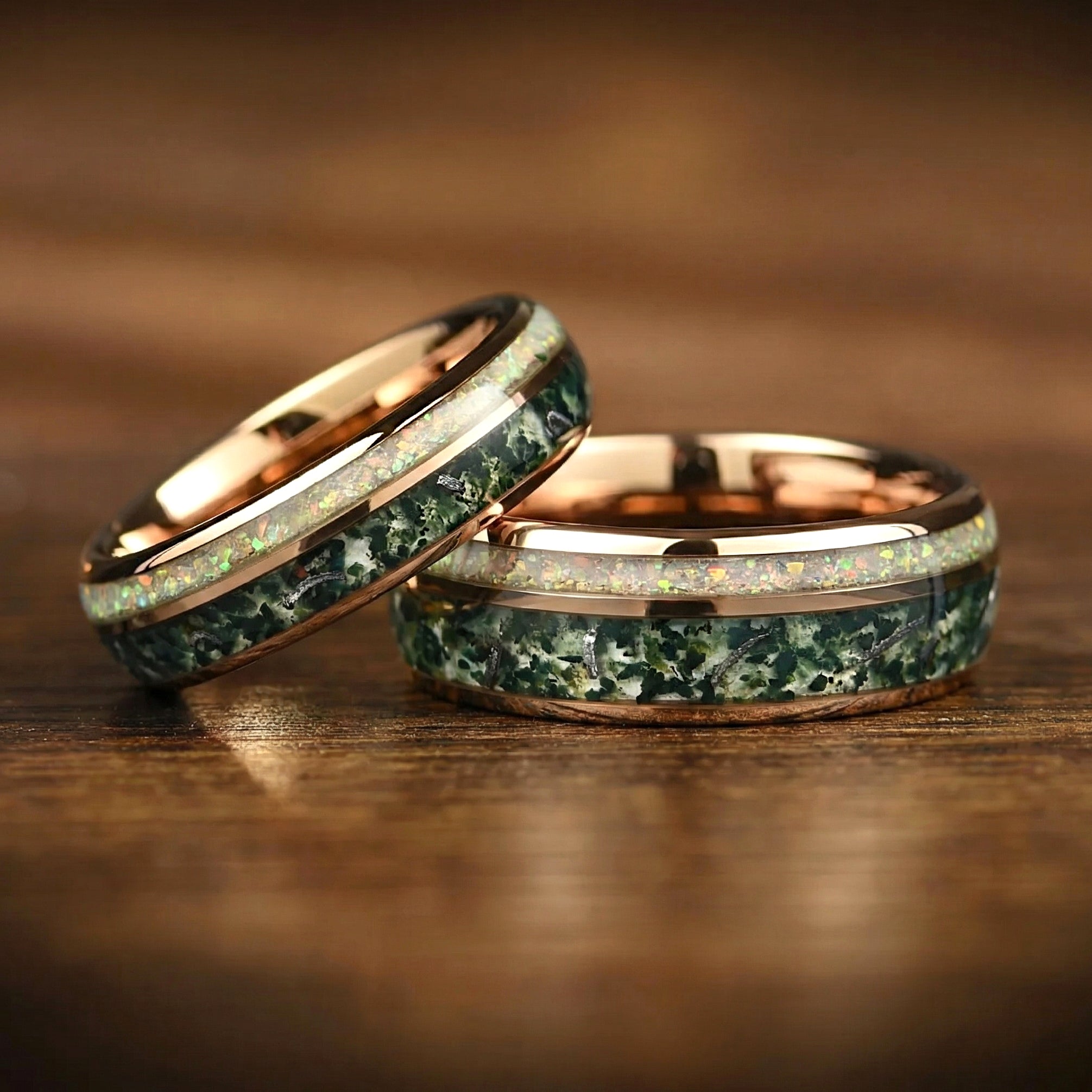 Unique His and Hers Couple Promise Rings Moss Agate Tungsten