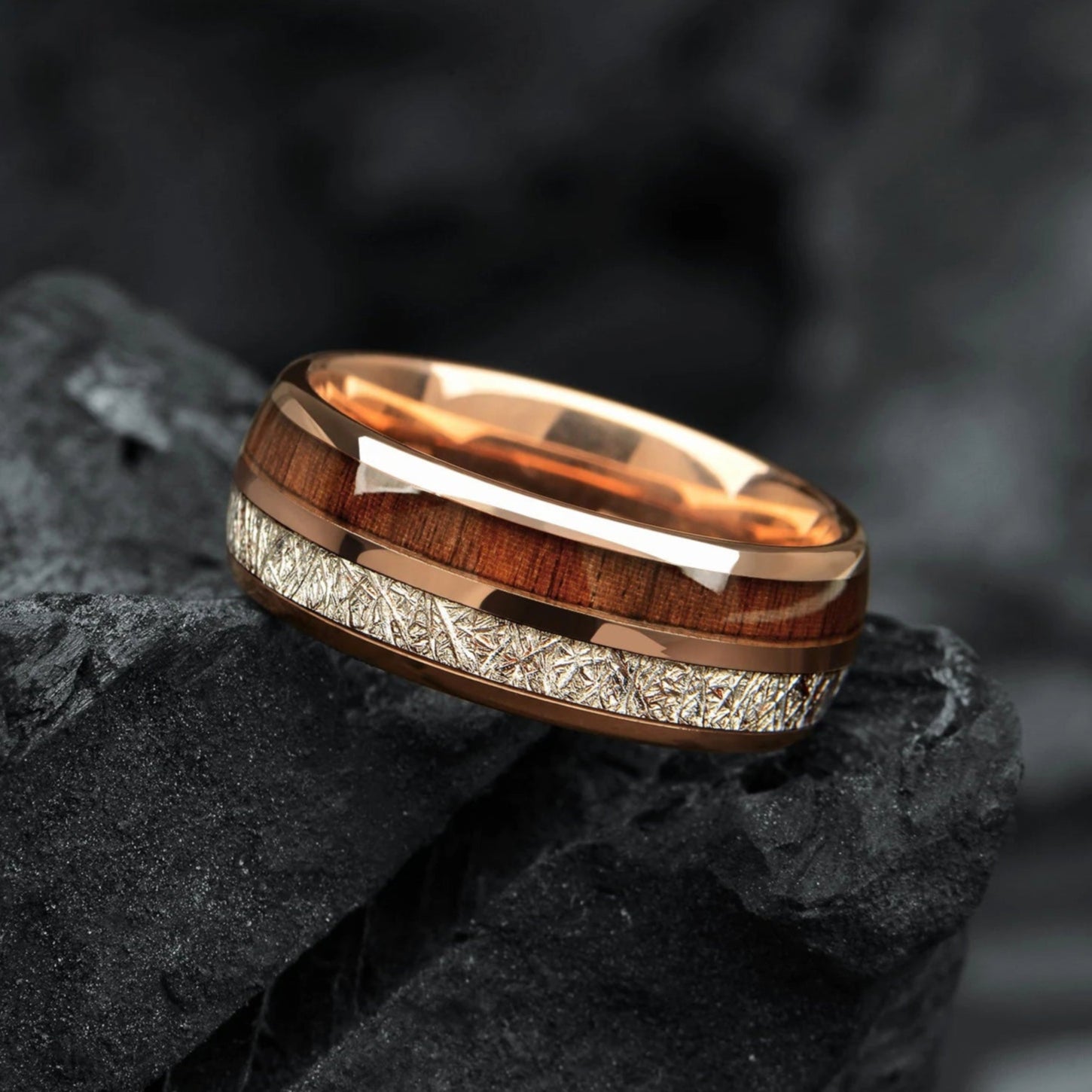 COUPLE RINGS HARDWOOD BANDS - KOAWOOD, METEORITE & TUNGSTEN