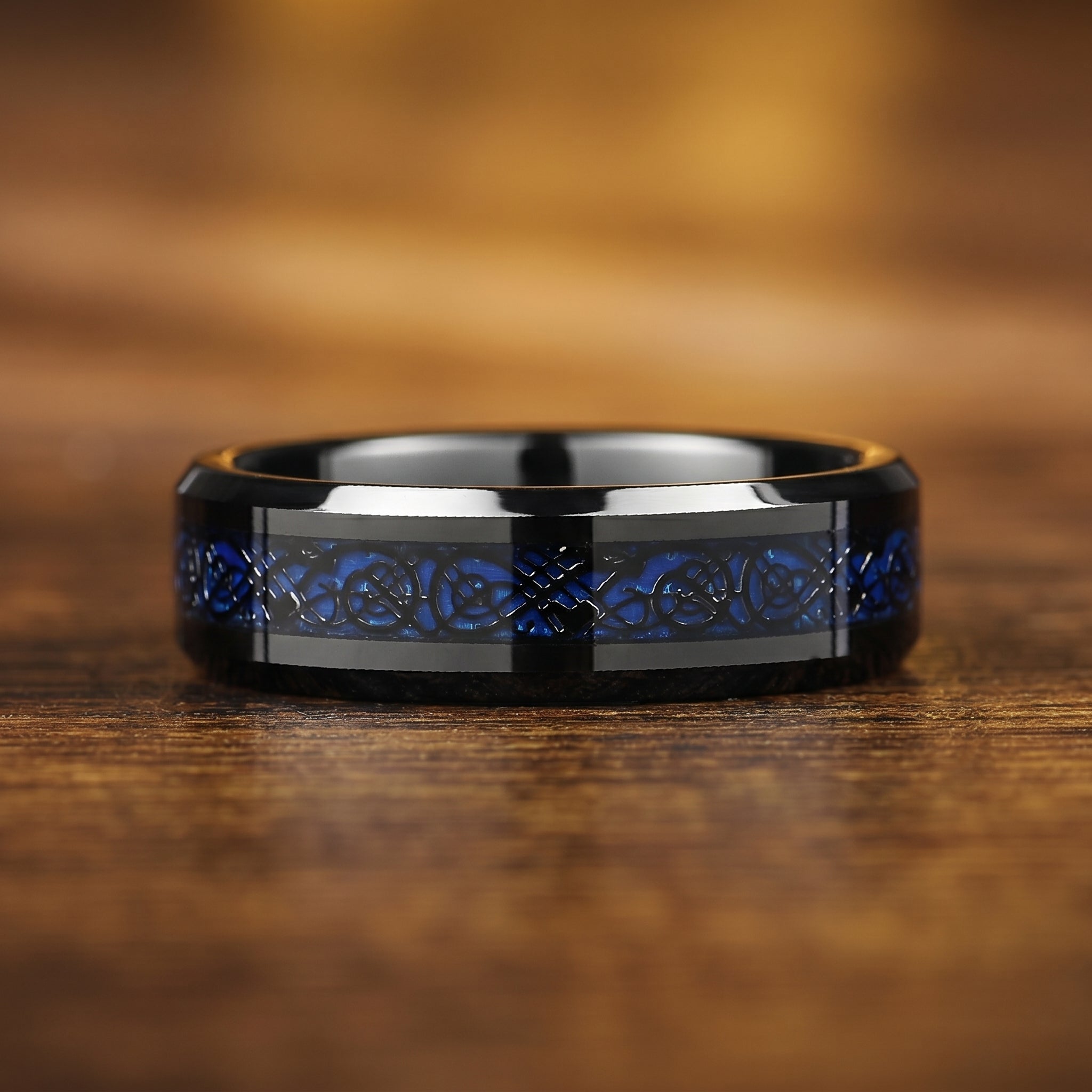 Ladies Celtic Rings Black Tungsten with Blue Carbon Fibre Angled View