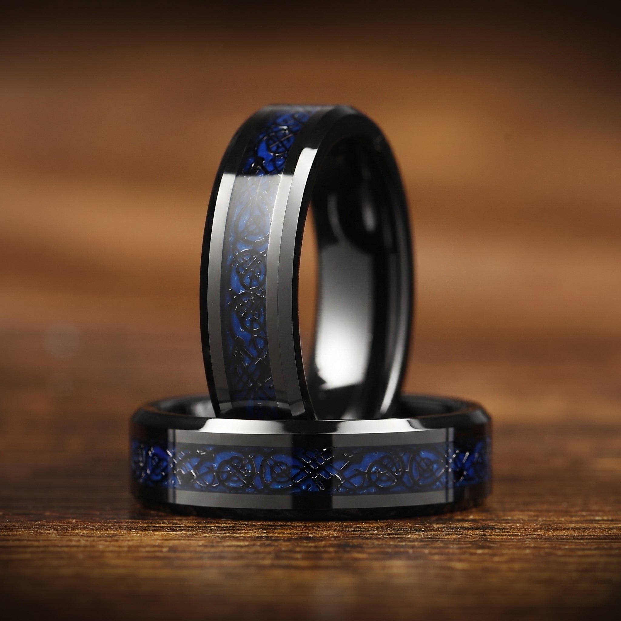 Ladies Celtic Rings Black Tungsten with Blue Carbon Fibre Close Up View