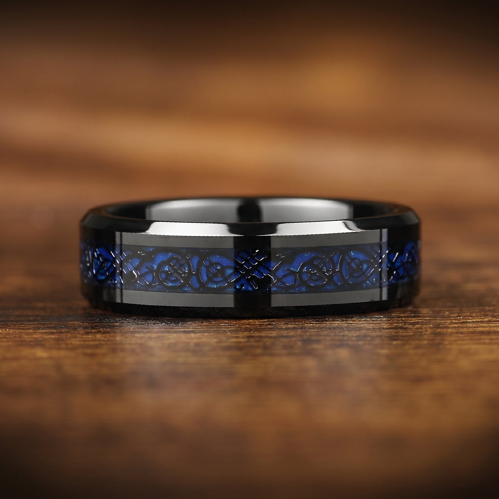 Ladies Celtic Rings Black Tungsten with Blue Carbon Fibre Front View