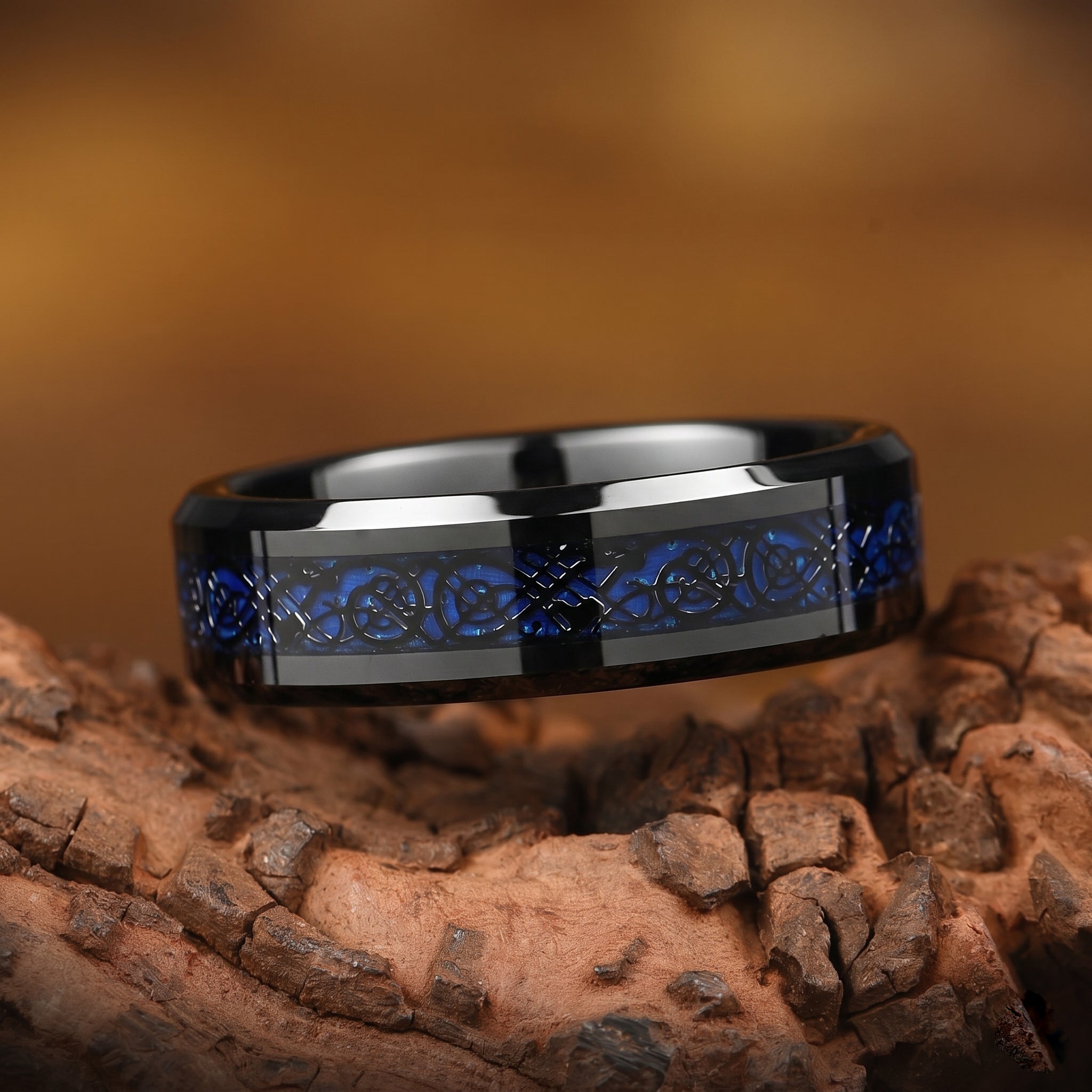 Ladies Celtic Rings Black Tungsten with Blue Carbon Fibre Main View