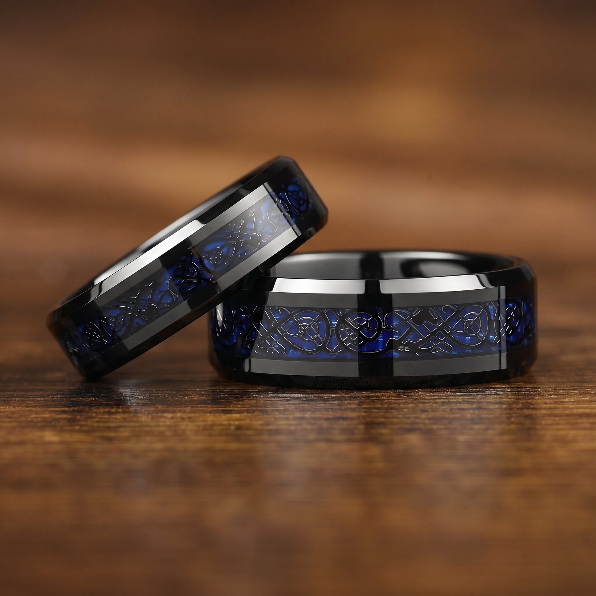 Ladies Celtic Rings Black Tungsten with Blue Carbon Fibre Pair View