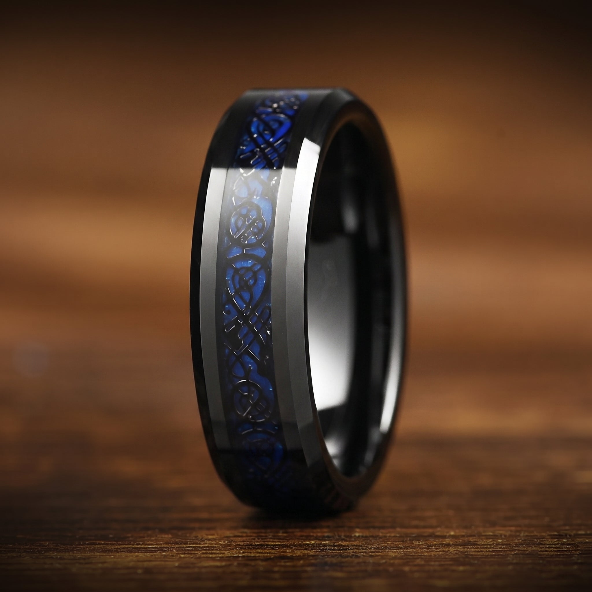 Ladies Celtic Rings Black Tungsten with Blue Carbon Fibre Side View