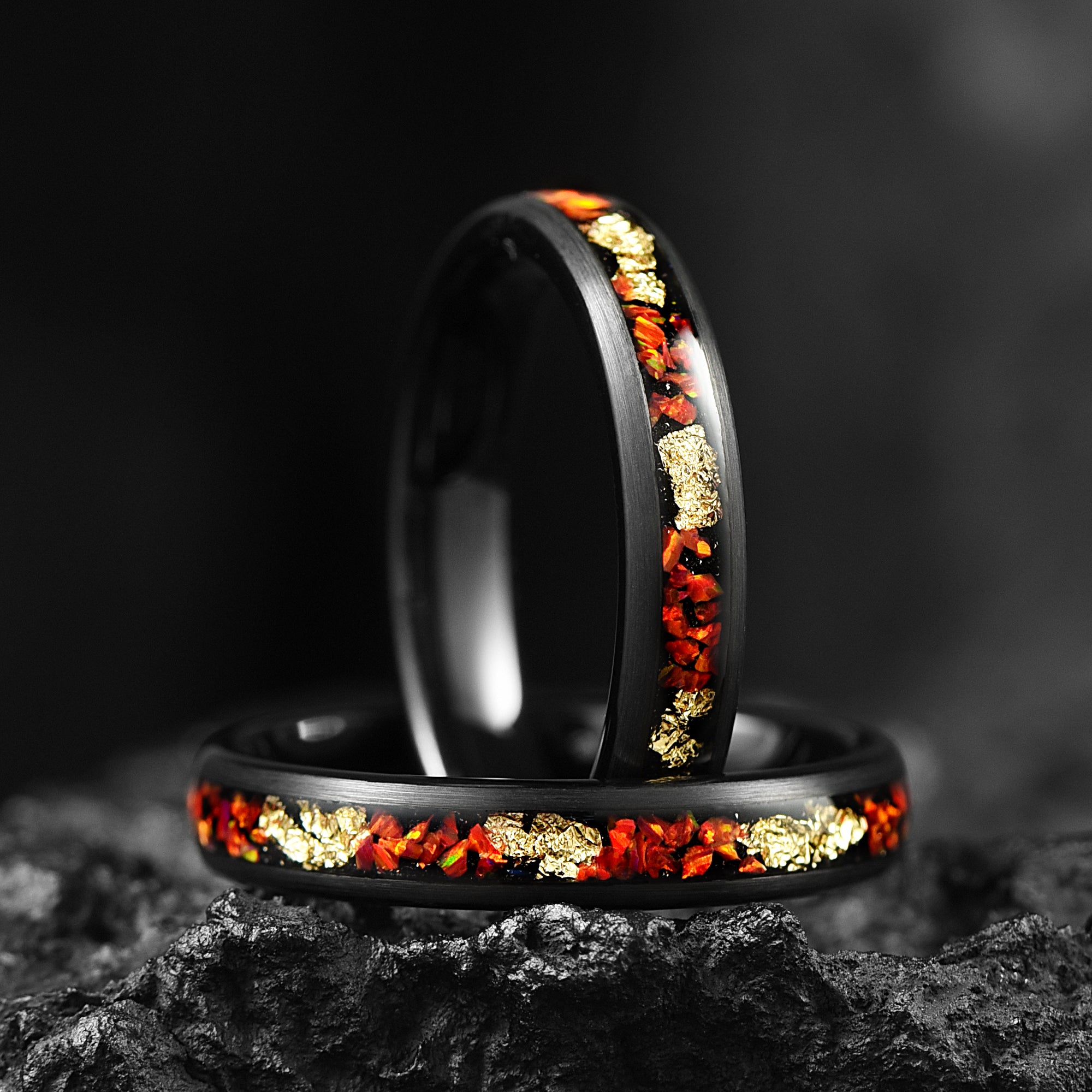 black ladies marriage ring with fire opal right view