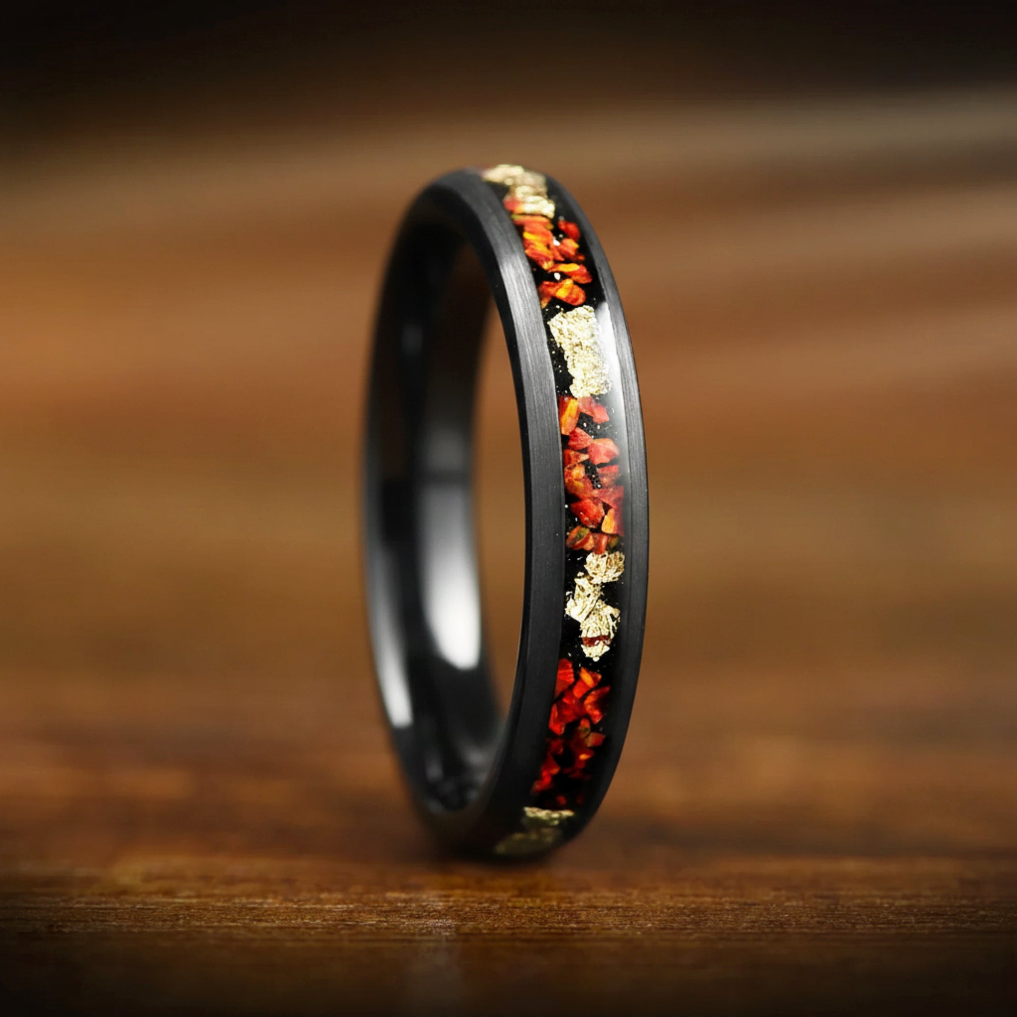 black ladies marriage ring with fire opal vertical view