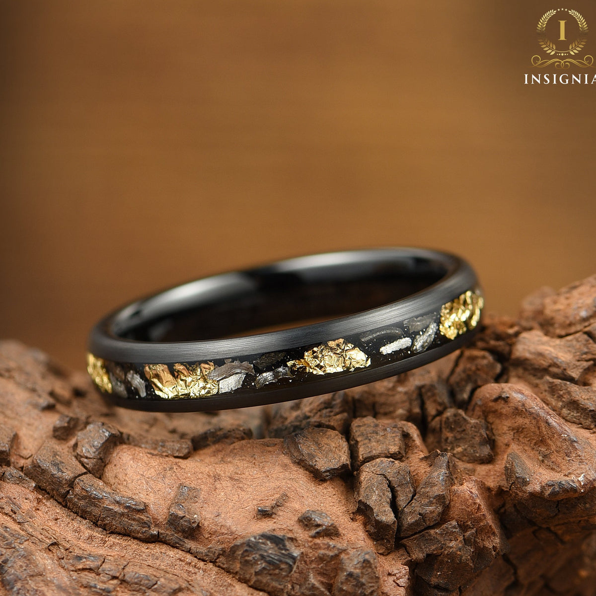 black ladies wedding band with meteorite Angle View