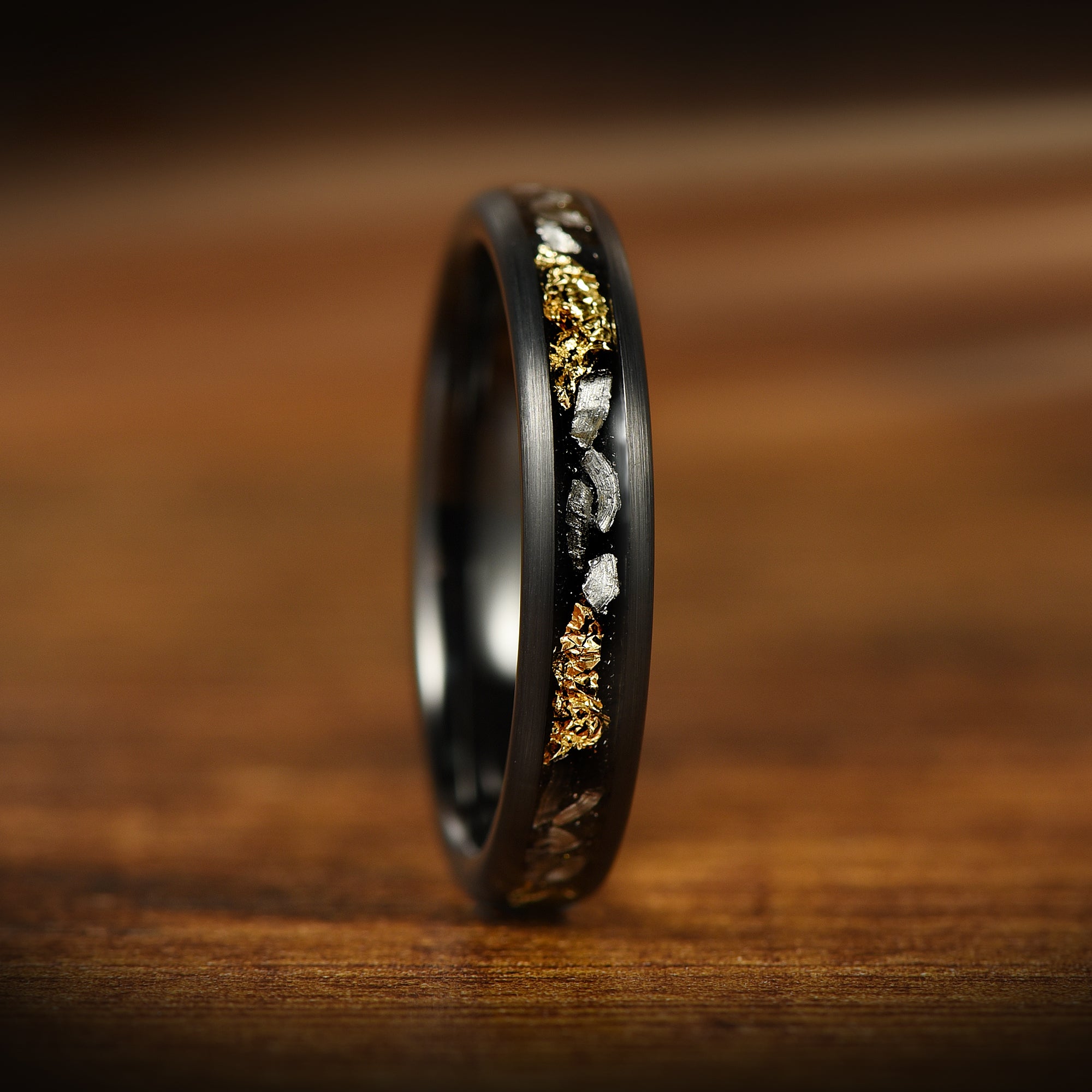 black ladies wedding band with meteorite angle view