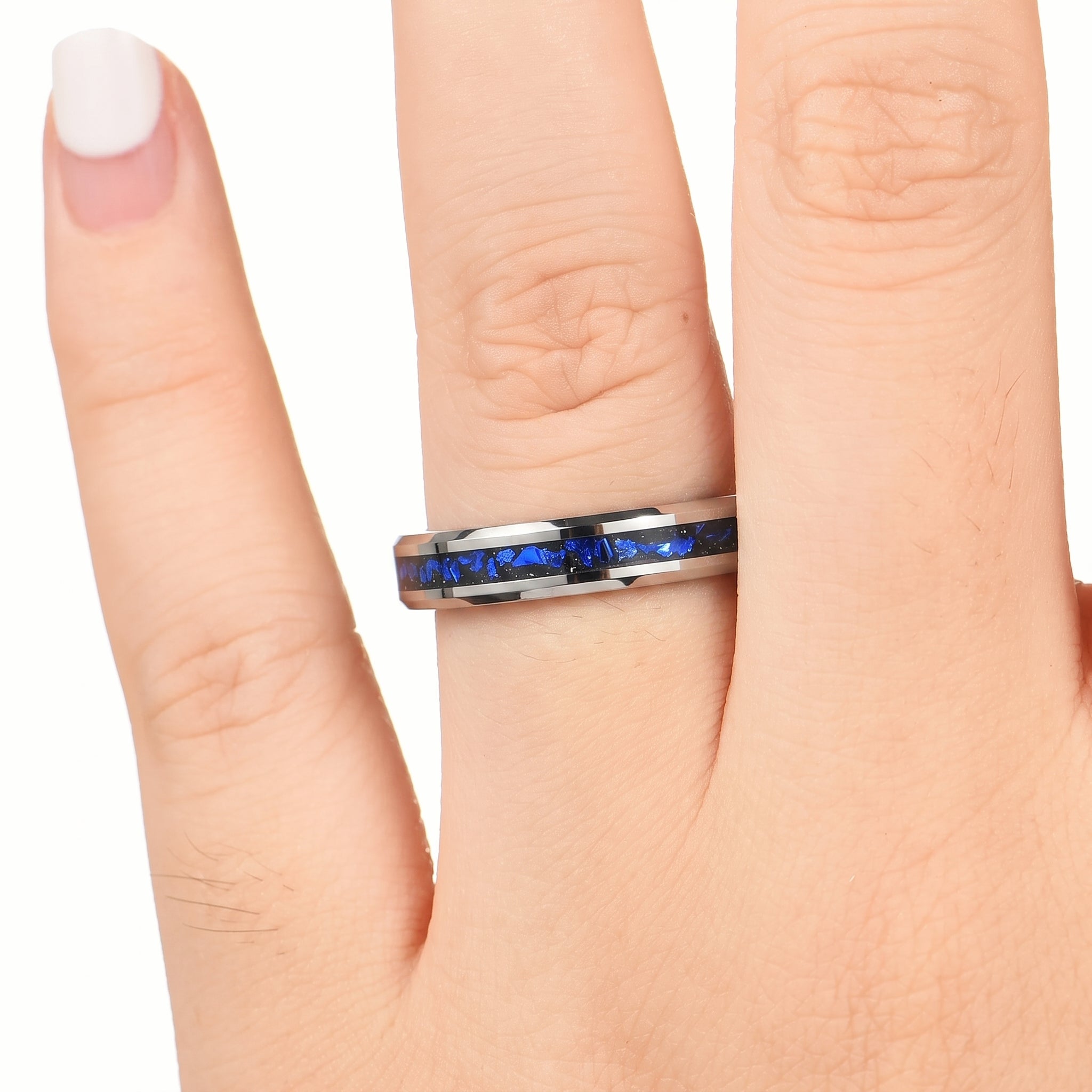 Ladies Wedding Rings Silver Tungsten on Female Hand View