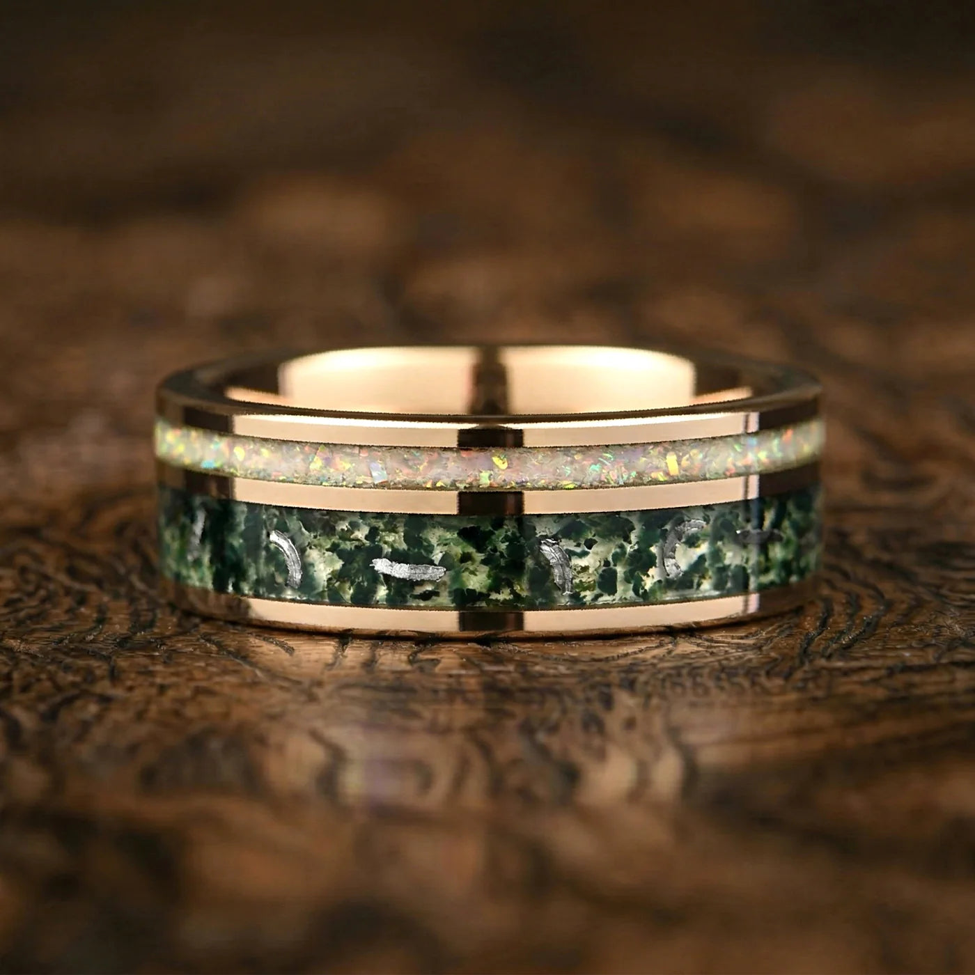 Lovers rings set with white fire opal and meteorite design