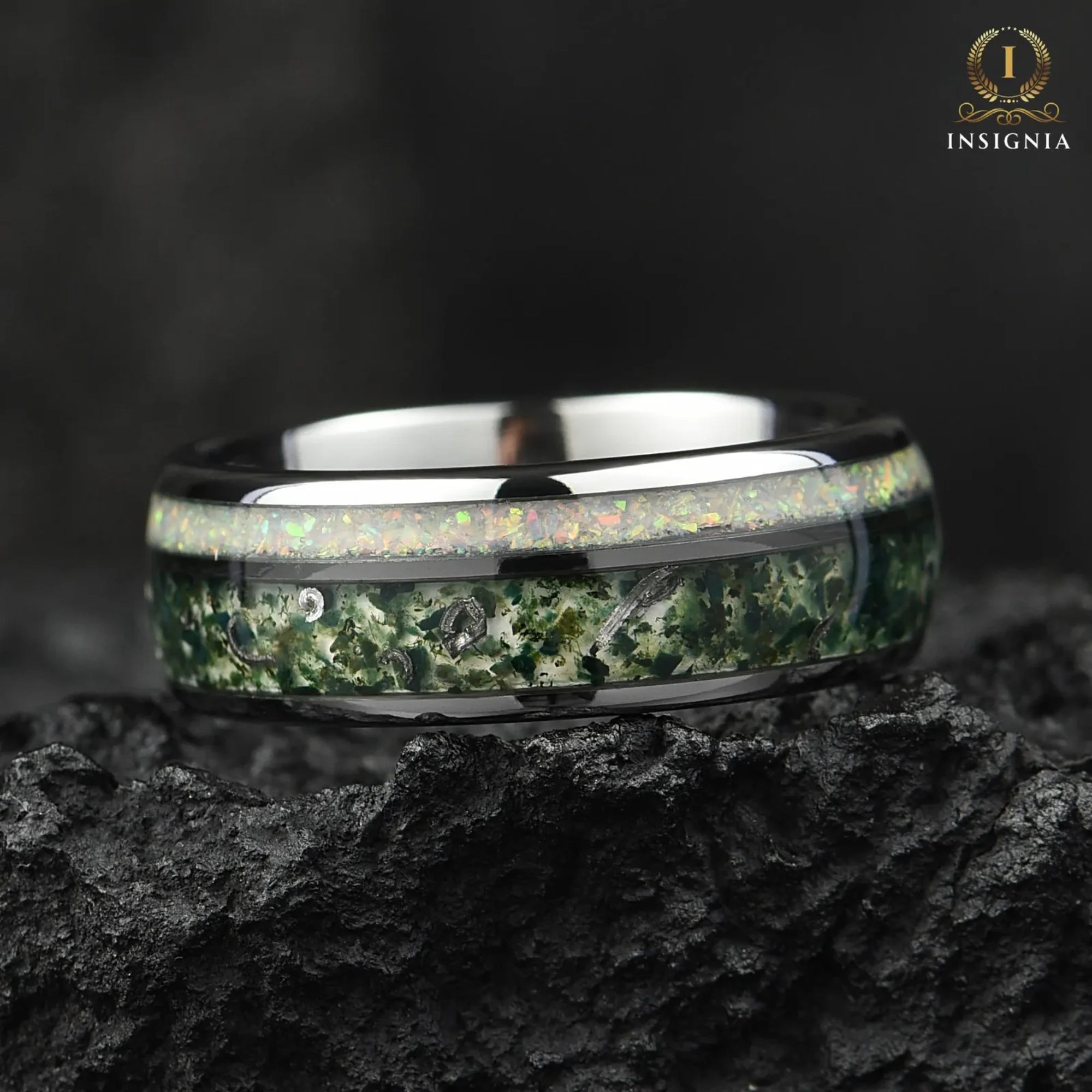 Lovers rings tungsten band set with green moss agate detail