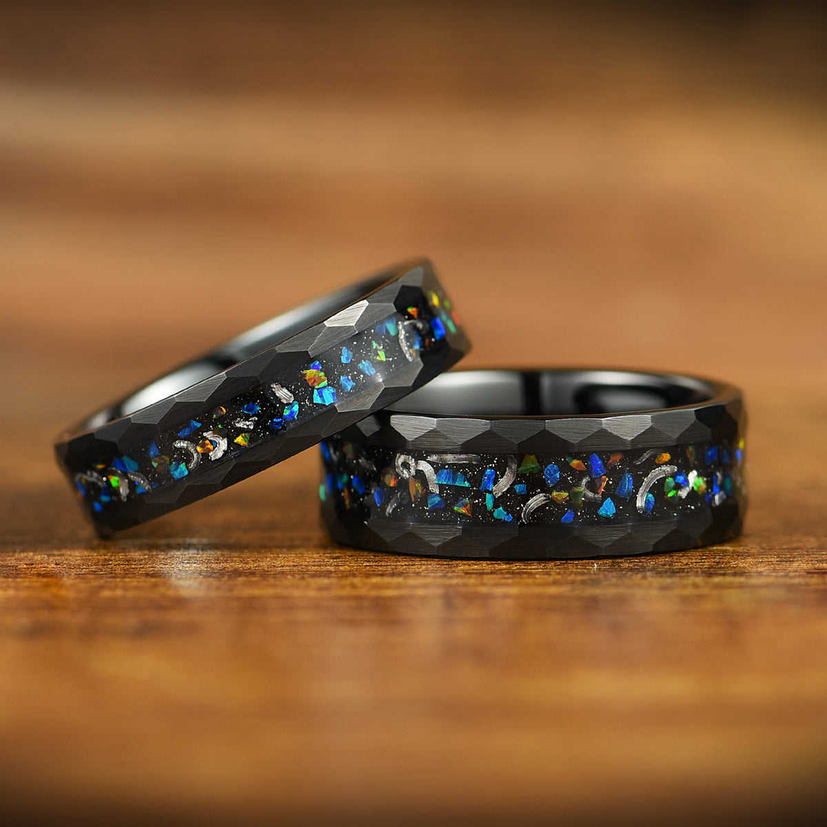 HIS AND HERS OPAL & REAL METEORITE GALAXY INSPIRED RINGS (6/8 MM)