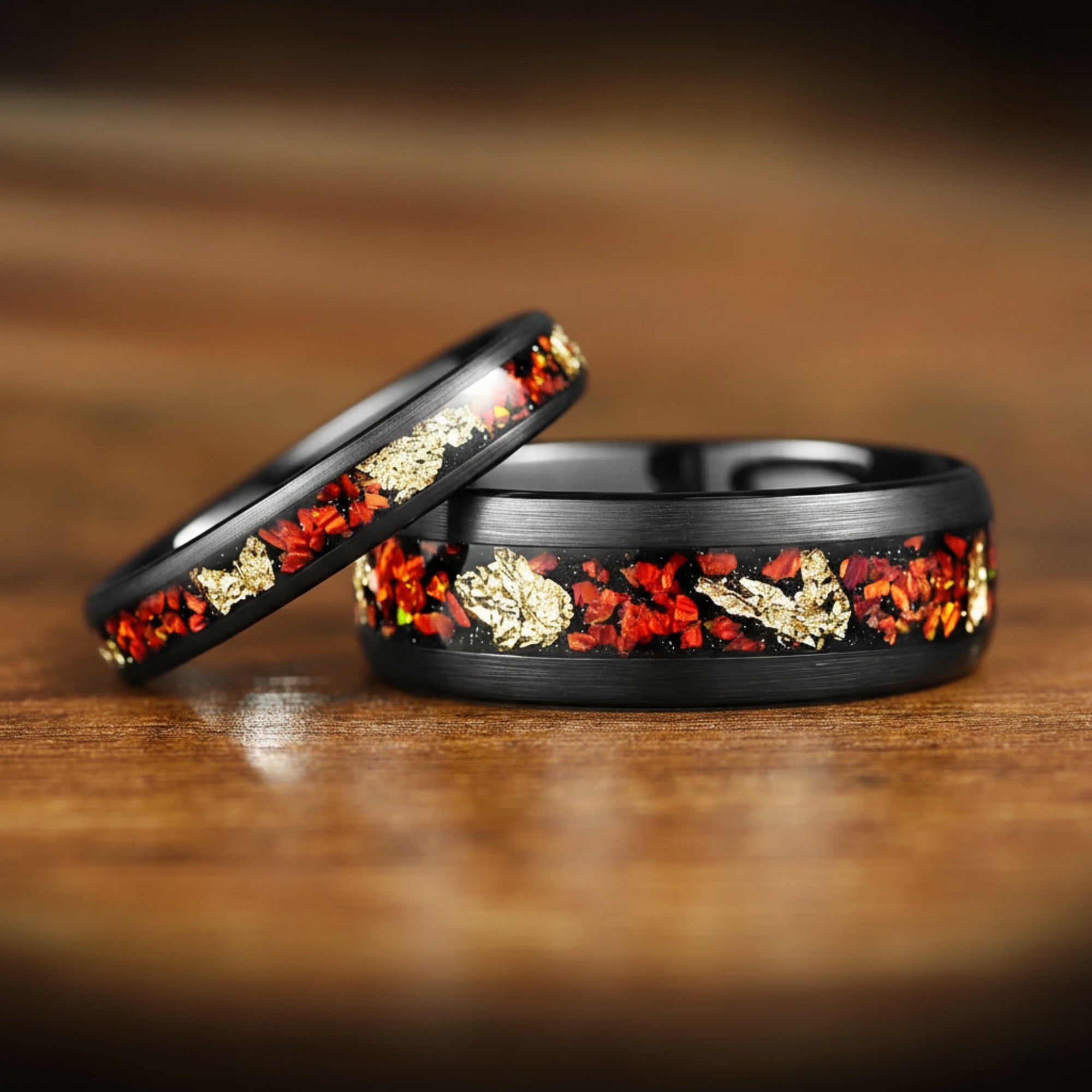 Man Bands Wedding in Black Tungsten with Opal Pair View