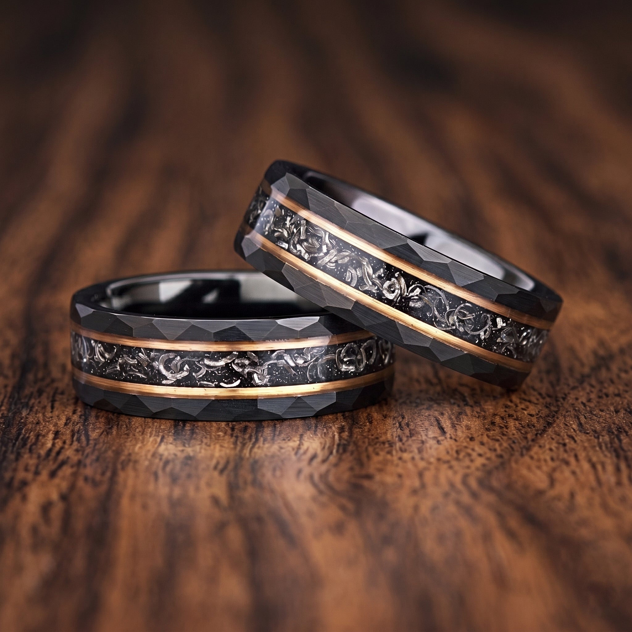 Man rings black tungsten band with unique meteorite inlay