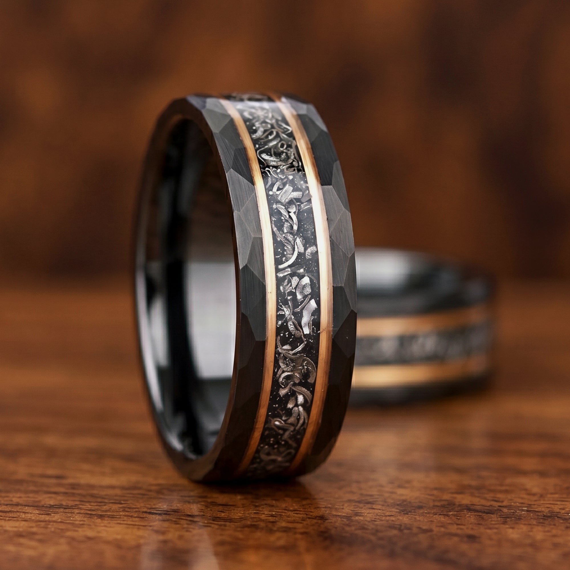 Mans wedding ring black band with meteorite and Rose gold accent detail