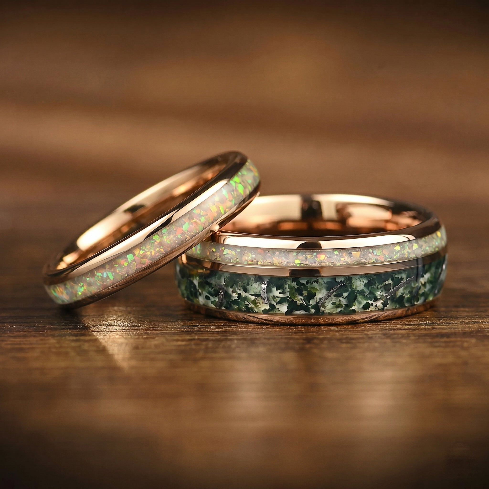 Marriage bands set with moss agate, white fire opal and meteorite design for couples