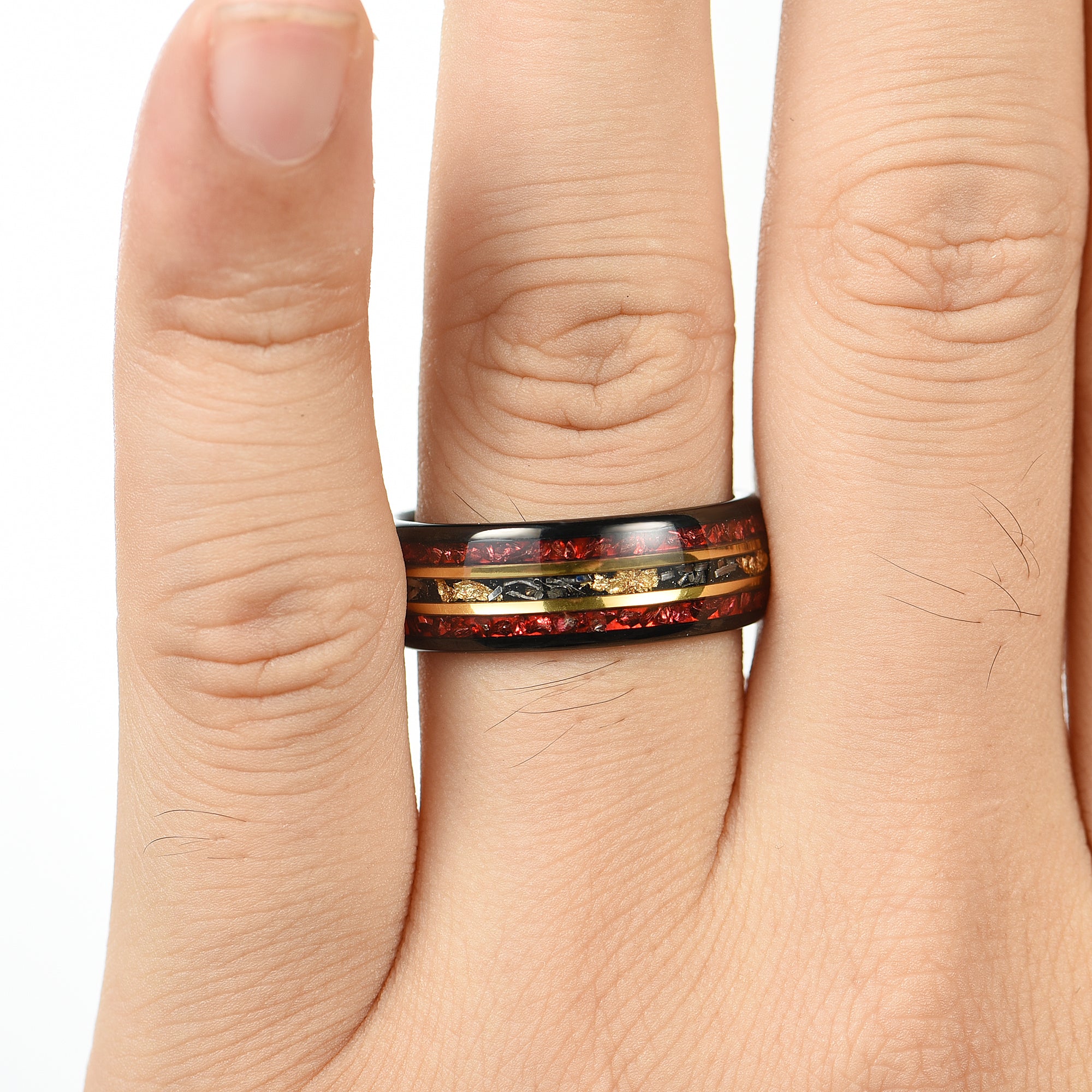 Marriage Ring Male Black Tungsten Band With Garnet And Meteorite Inlay Male Hand View