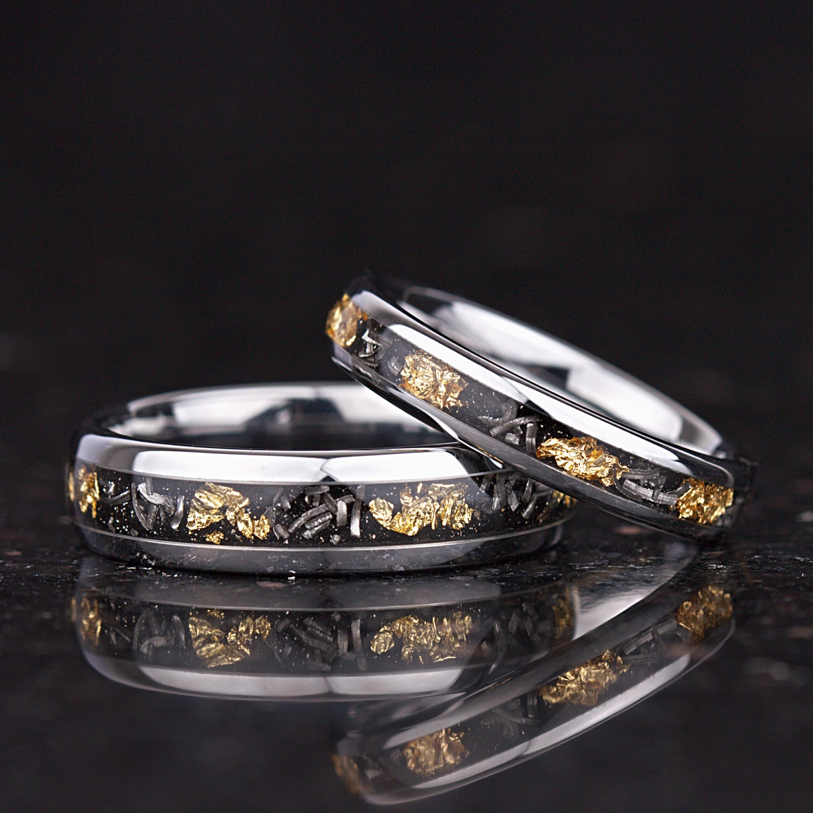 Marriage ring set with authentic meteorite inlay and silver finish main view