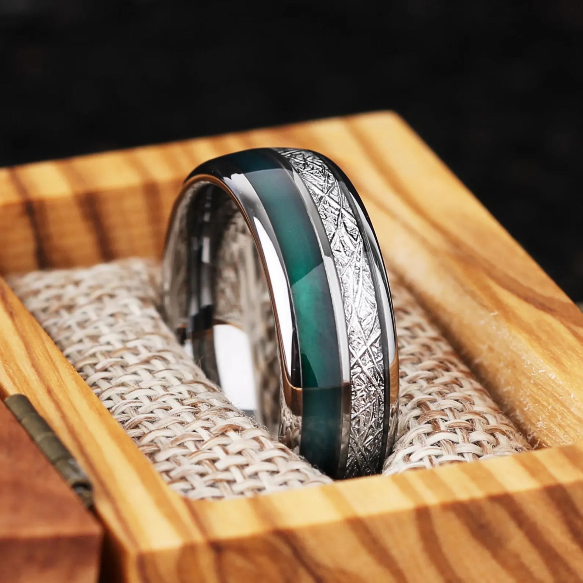 Masculine wedding rings tungsten band with green agate and meteorite style inlay