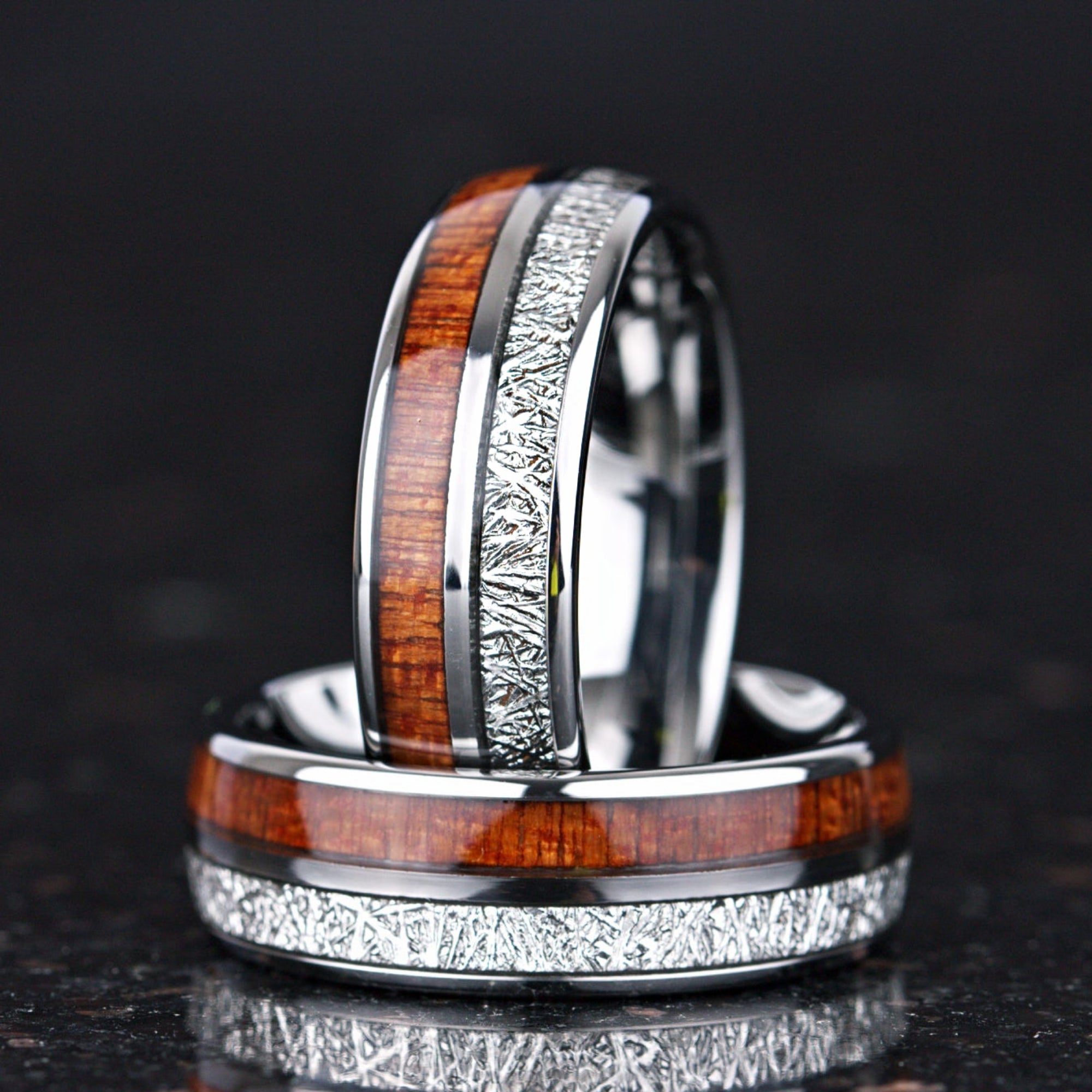 Matching couple rings with whiskey barrel wood and silver tungsten band