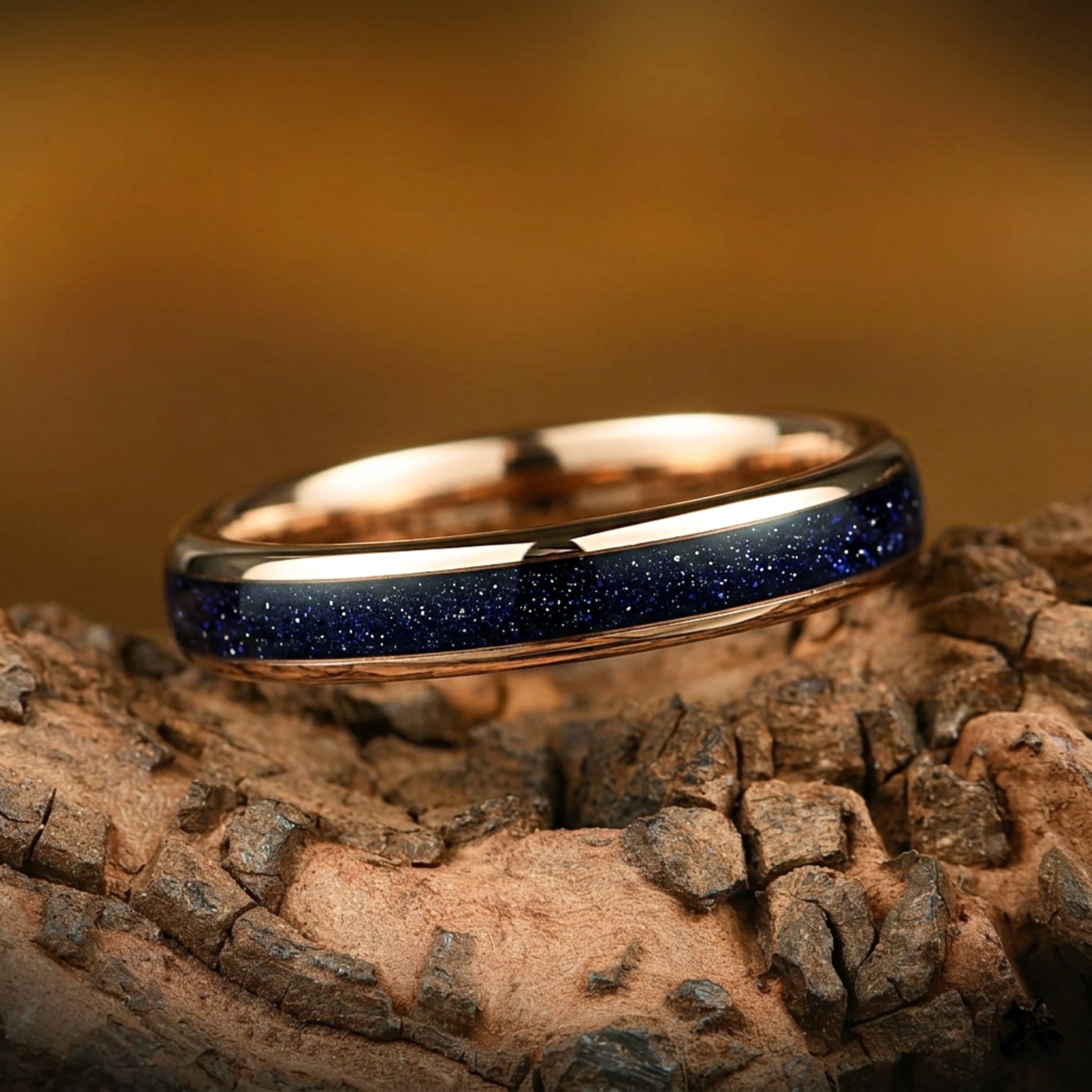 Matching relationship rings female design with rose gold finish and blue sandstone centre