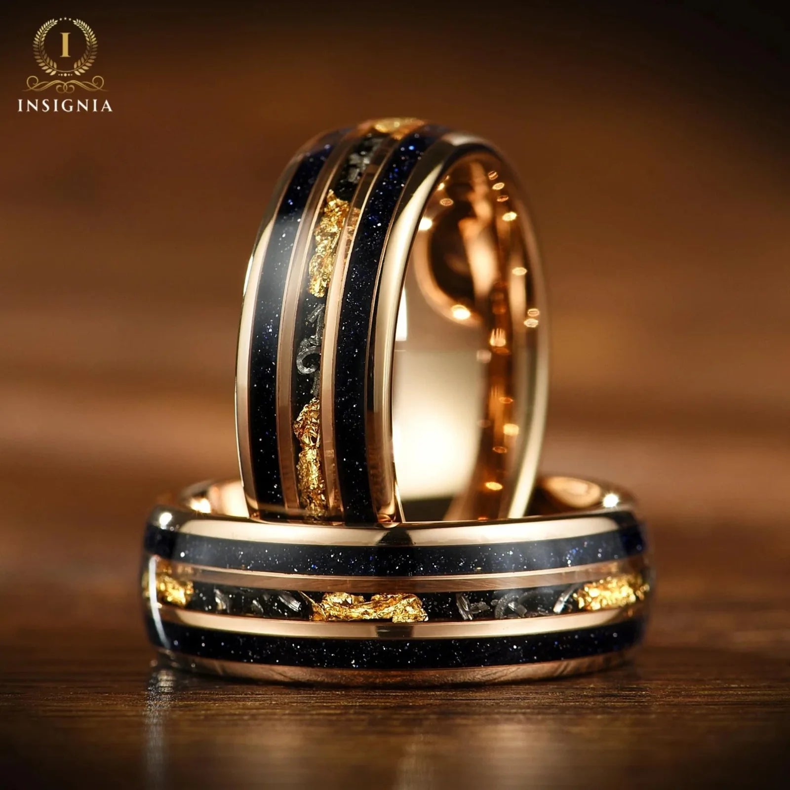 Matching relationship rings with real meteorite detail and gold leaf accents