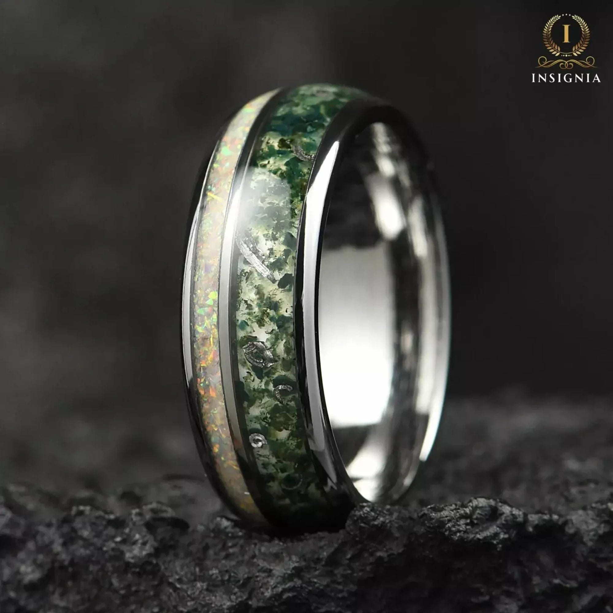 Matching relationship rings with white fire opal and moss agate design