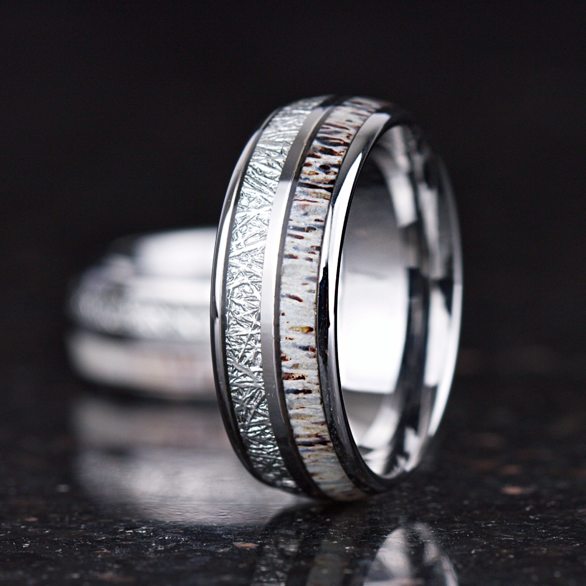 Matching relationship rings with silver tungsten and textured design