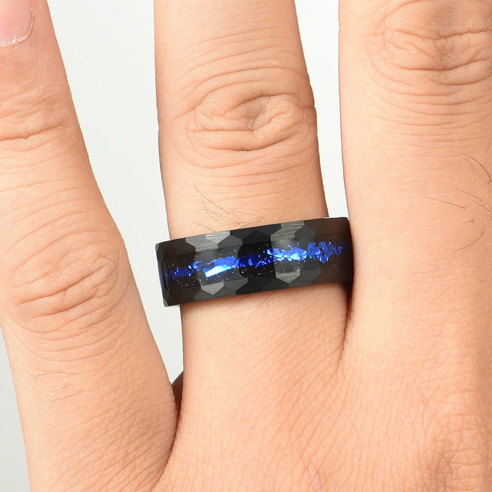 Matching Rings Bargain Tungsten Wedding Bands in Galaxy Design Male Hand View