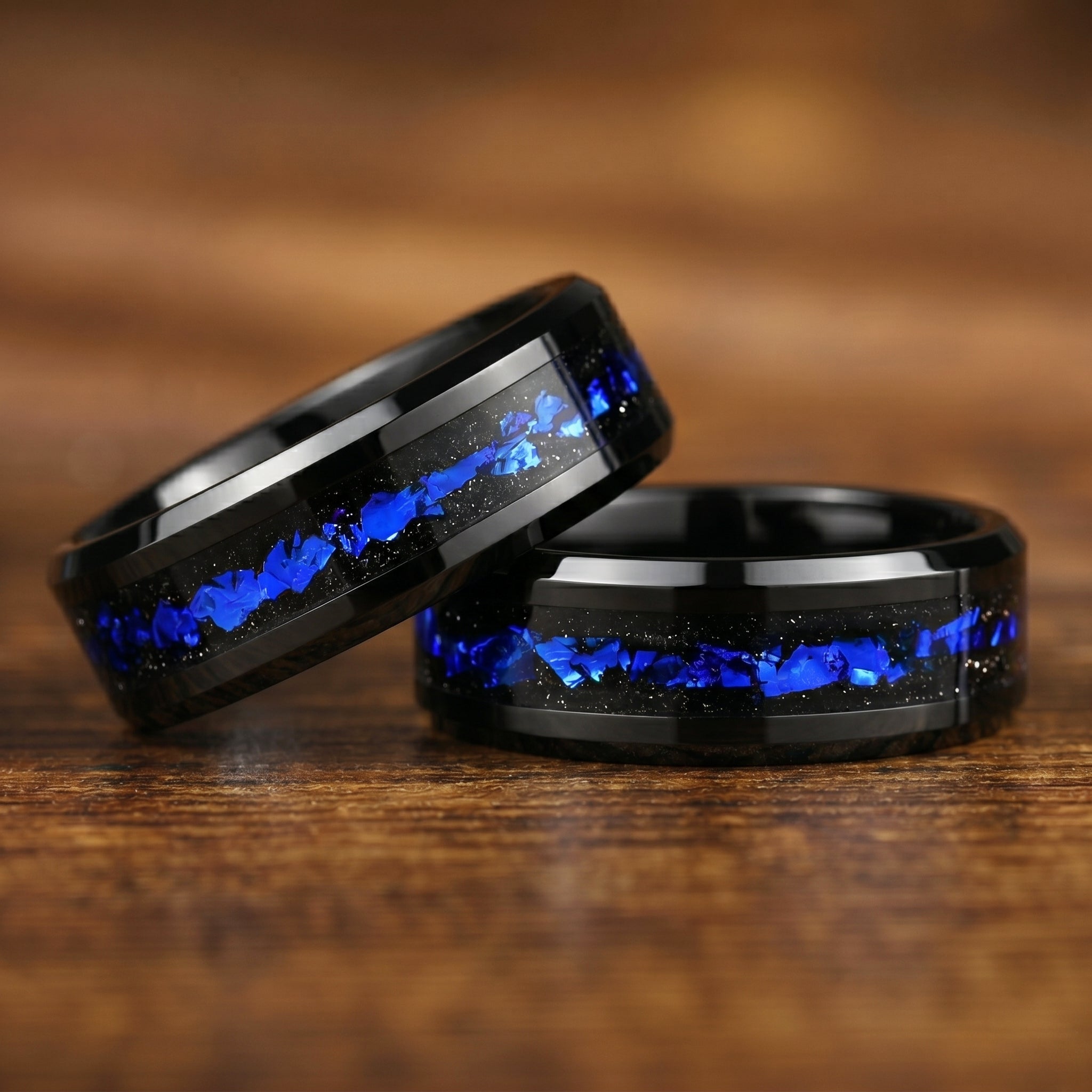 Matching Rings Cheap Promise Engraved in Black Galaxy Design Angled View