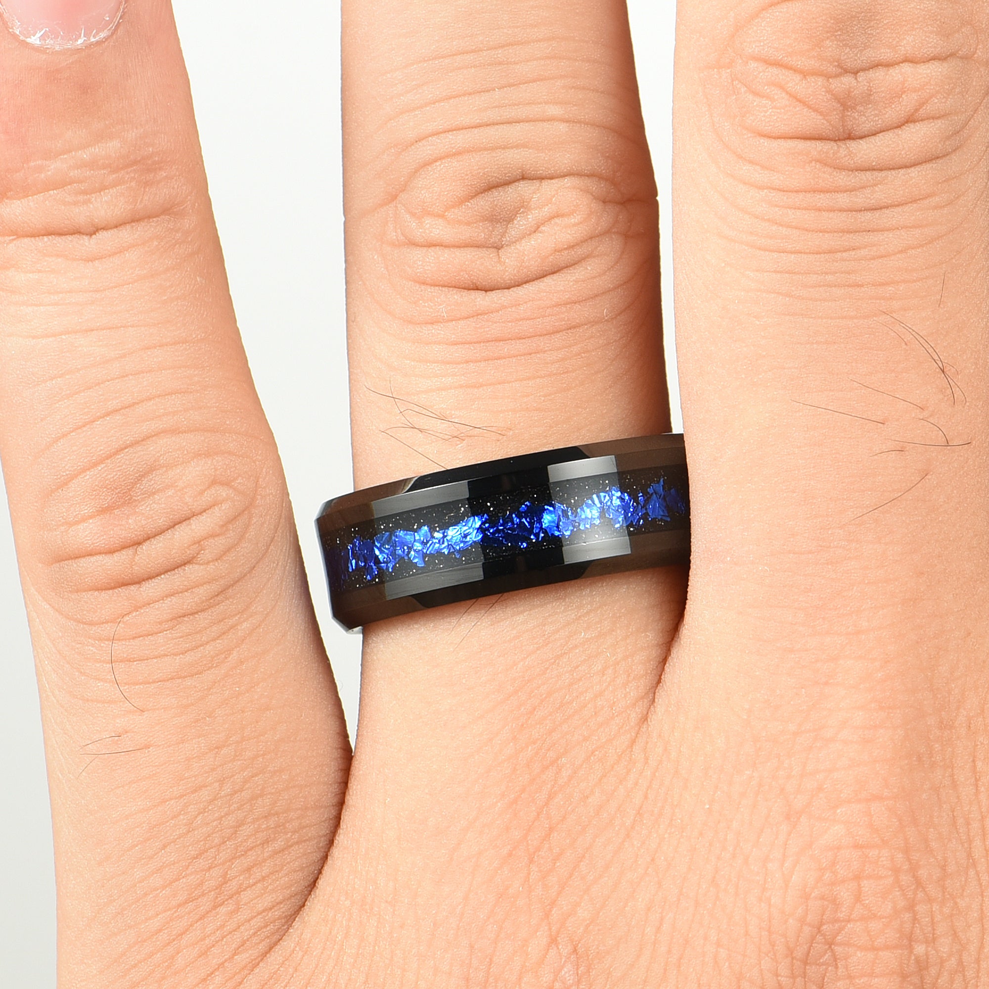 Matching Rings Cheap Promise Engraved in Black Galaxy Design Hand View